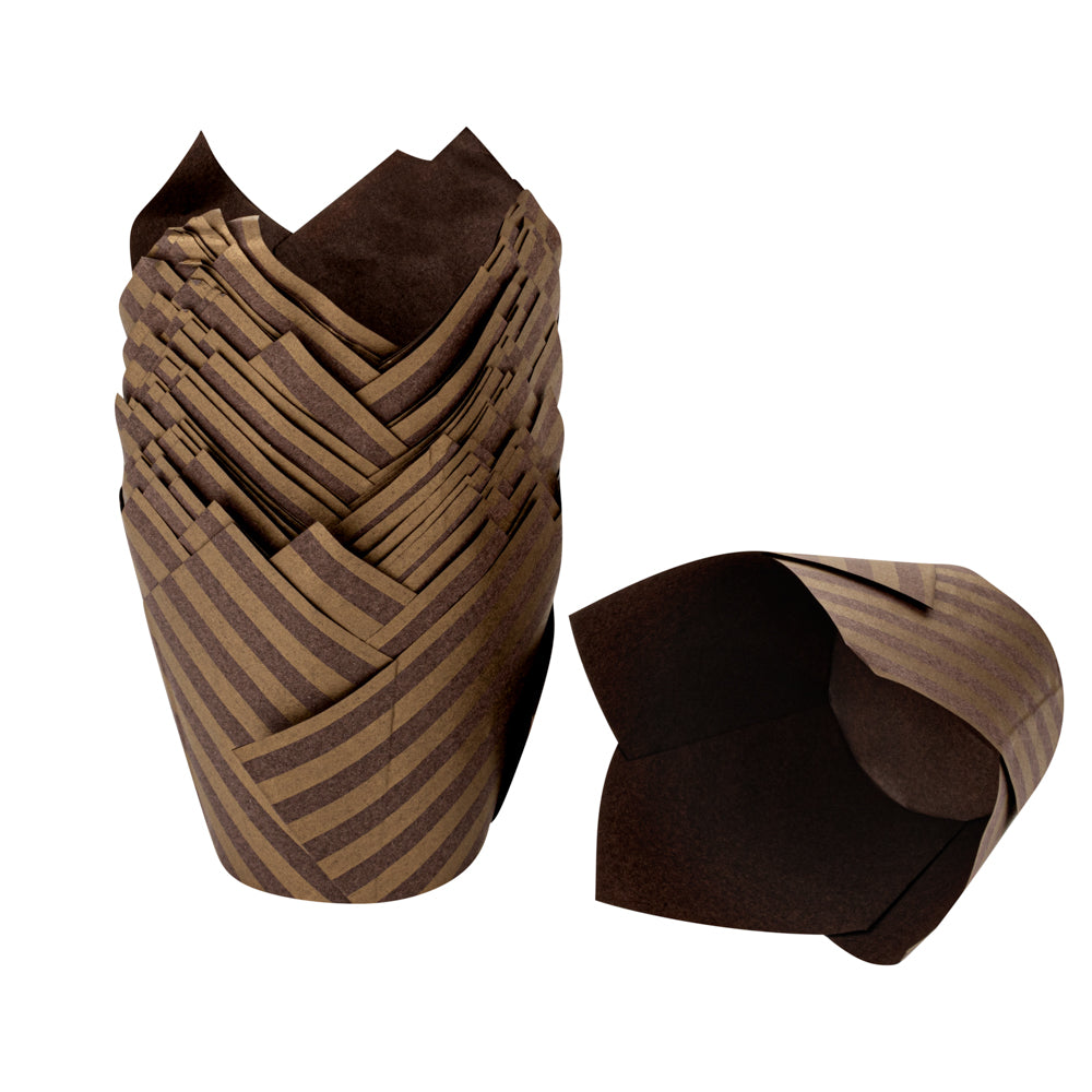 Panificio 3.5 oz Brown Paper Striped Tulip Baking Cup - Greaseproof - 3 1/4" x 3 1/4" x 3 1/4" - 500 count box