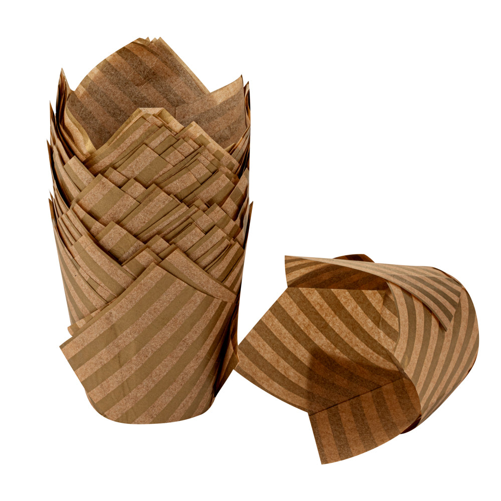 Panificio 3.5 oz Kraft Paper Striped Tulip Baking Cup - Greaseproof - 3 1/4" x 3 1/4" x 3 1/4" - 500 count box