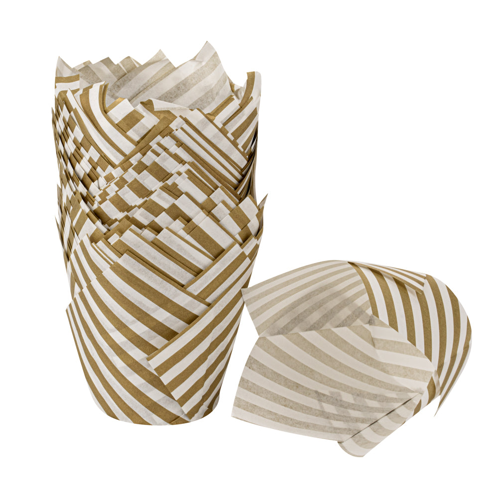 Panificio 3.5 oz White Paper Striped Tulip Baking Cup - Greaseproof - 3 1/4" x 3 1/4" x 3 1/4" - 500 count box