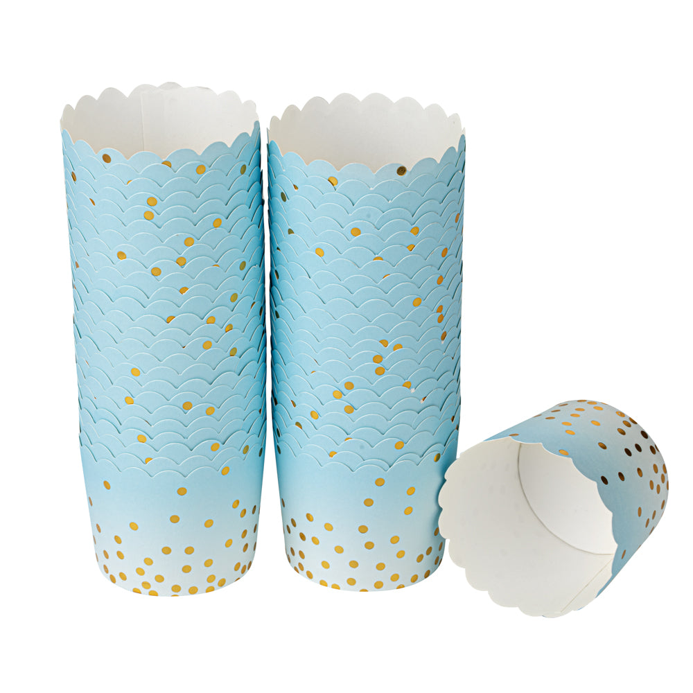 Panificio 4.5 oz Blue Paper Scalloped Baking Cup - Gold Polka Dots - 2 3/4" x 2 3/4" x 2" - 500 count box