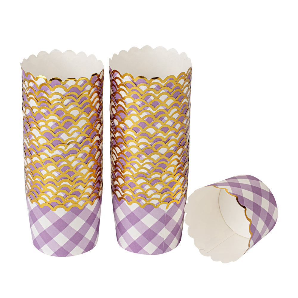 Panificio 4.5 oz Purple Plaid Paper Scalloped Baking Cup - Gold Rim - 2 3/4" x 2 3/4" x 2" - 500 count box