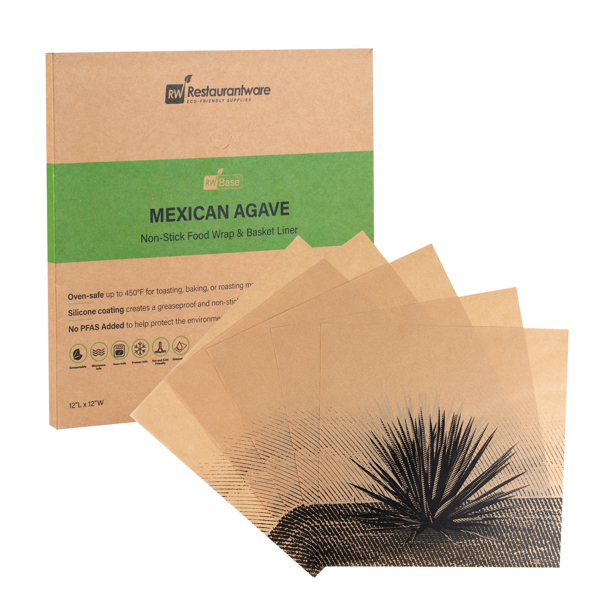 RW Base No PFAS Added Kraft Paper Food Wrap and Basket Liner - Mexican Agave, Greaseproof - 12" x 12" - 2000 count box