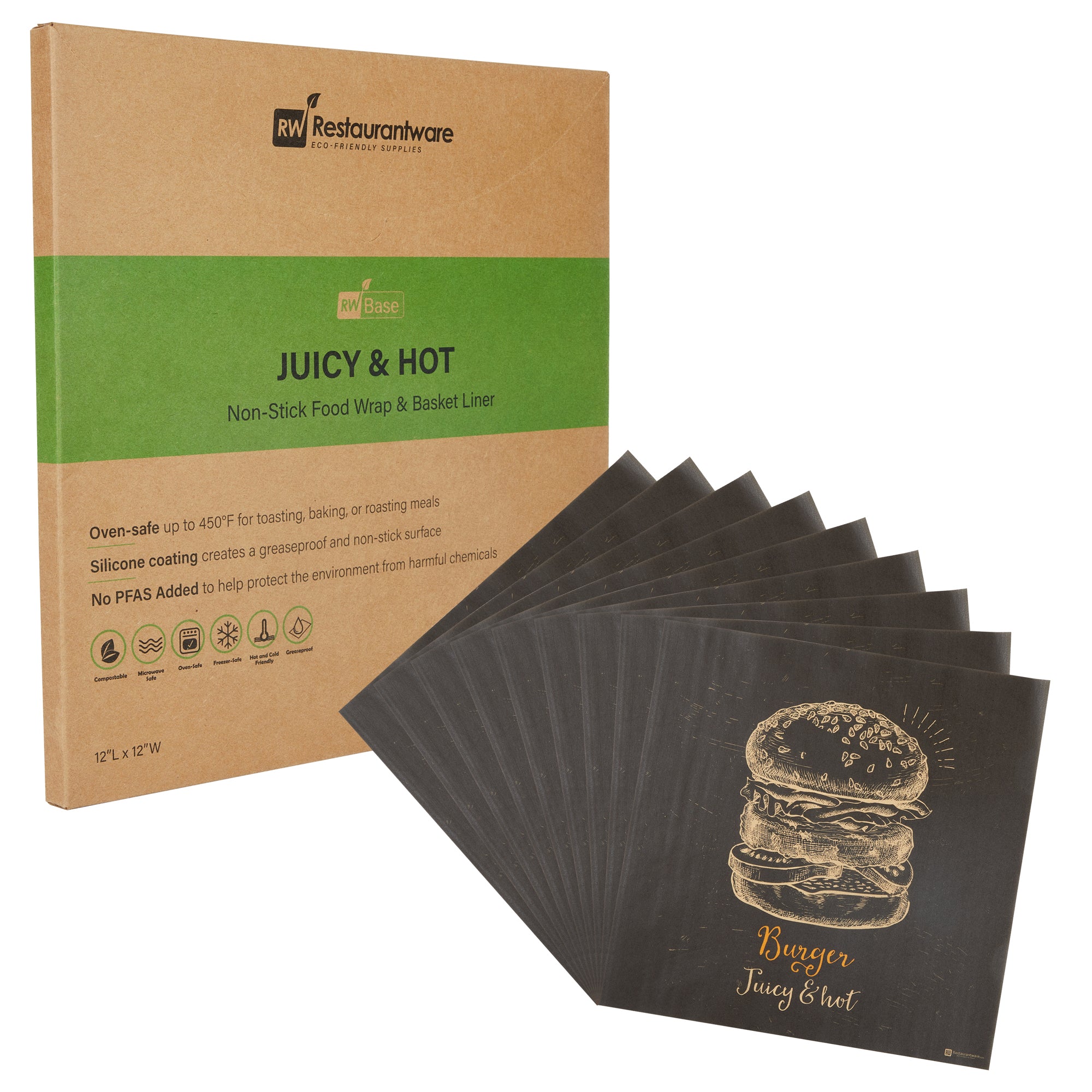 RW Base No PFAS Added Kraft Paper Burger Wrap and Fry Basket Liner - Juicy and Hot, Greaseproof, Compostable - 12" x 12" - 2000 count box