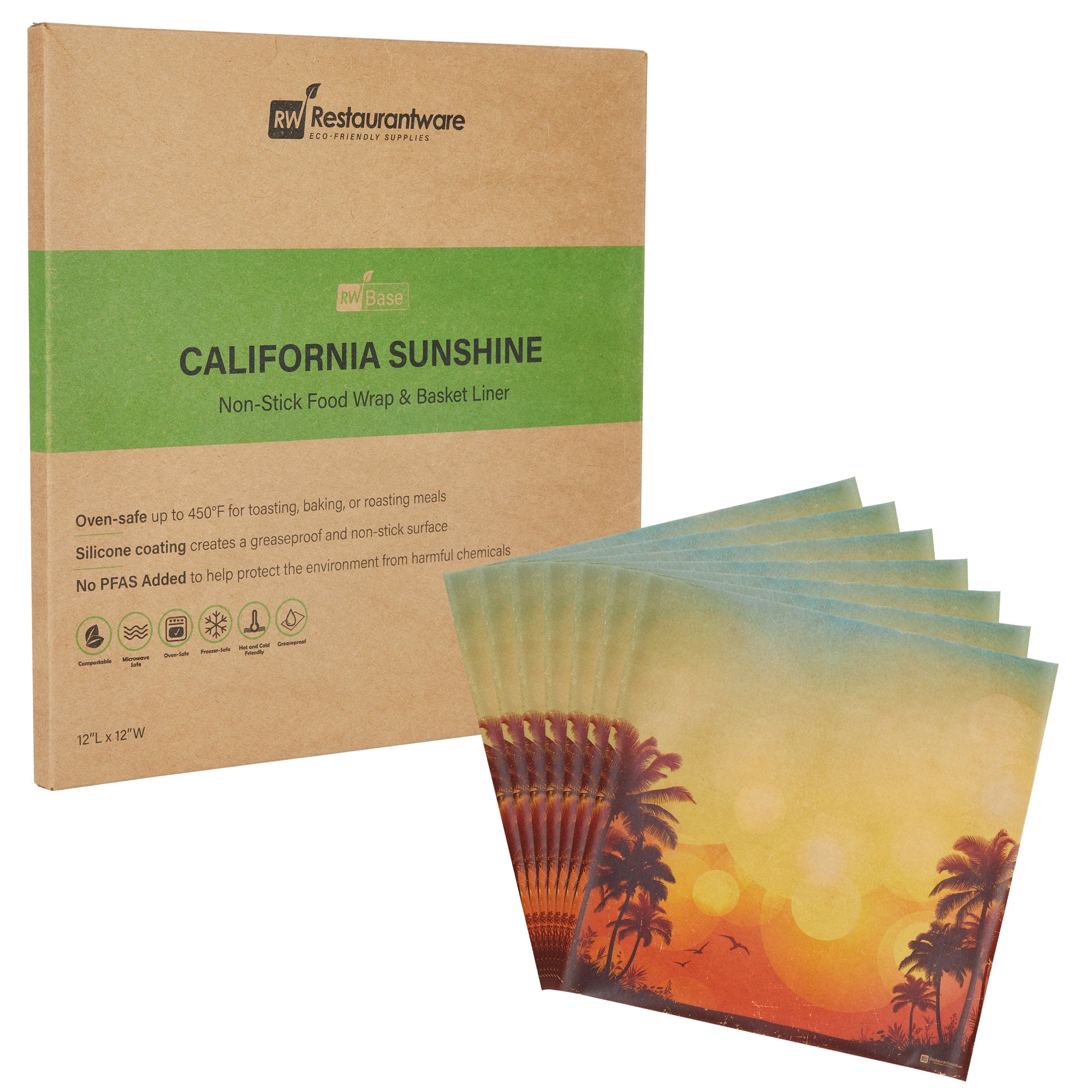 RW Base No PFAS Added Kraft Paper Food Wrap and Basket Liner - California Sunshine, Greaseproof, Compostable - 12" x 12" - 2000 count box