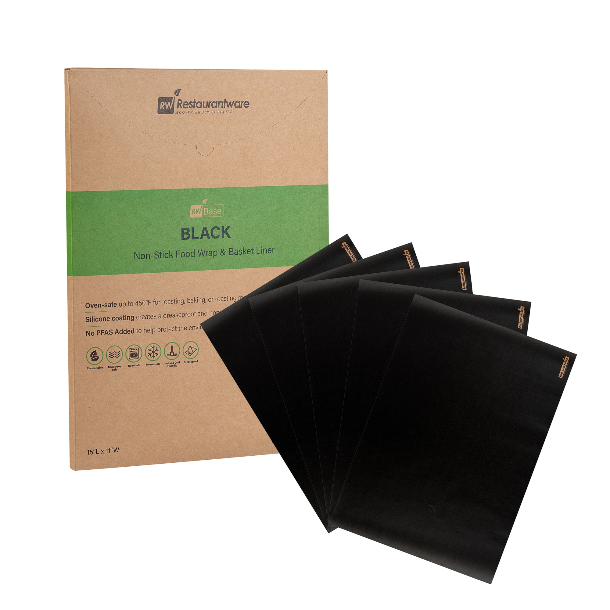 RW Base No PFAS Added Black Paper Food Wrap and Basket Liner - Greaseproof, Compostable - 15" x 11" - 2000 count box