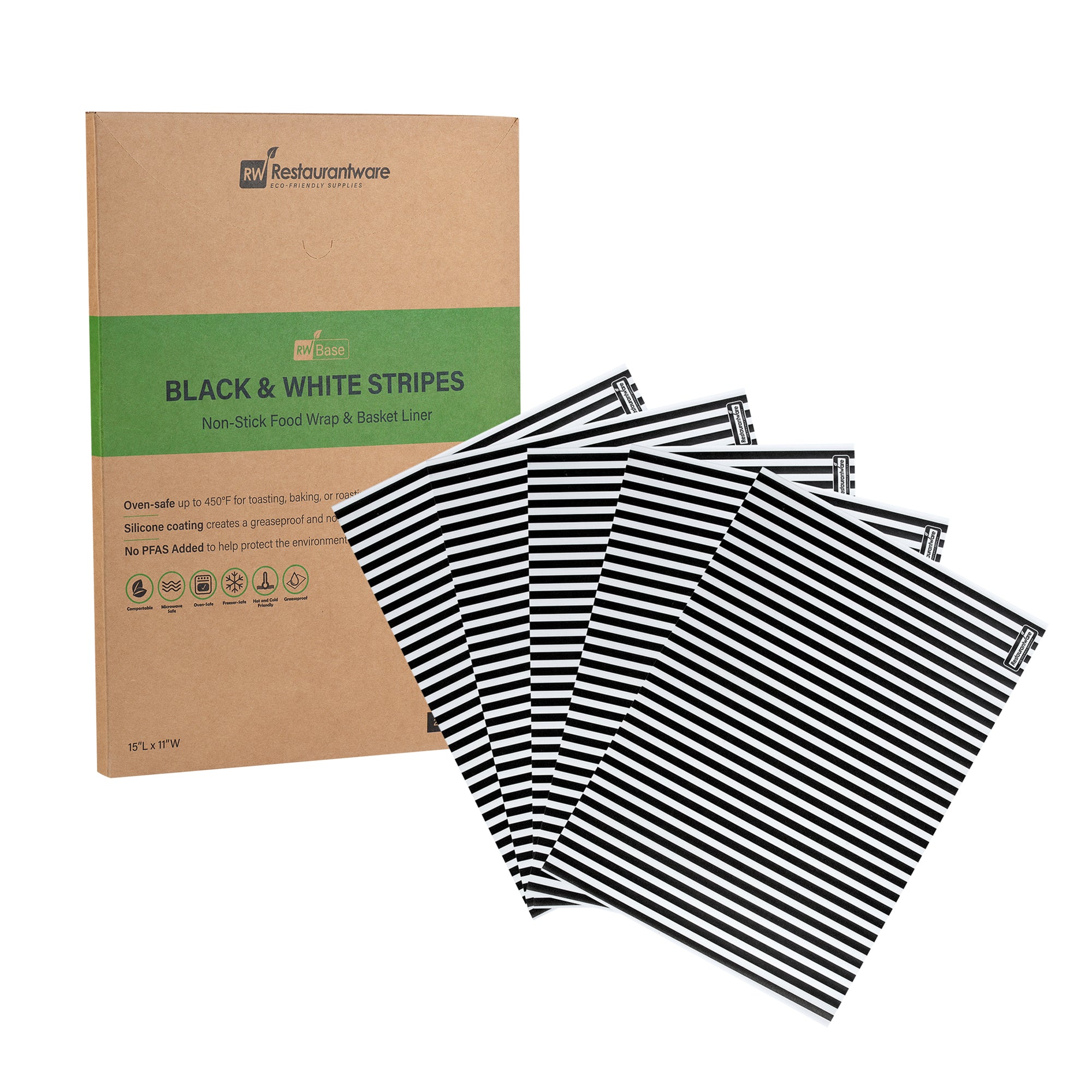 RW Base No PFAS Added Black and White Stripe Paper Food Wrap and Basket Liner - Greaseproof, Compostable - 15" x 11" - 2000 count box