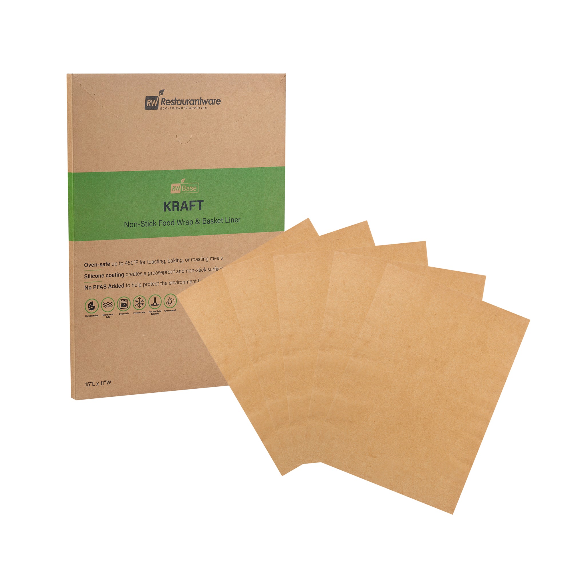 RW Base No PFAS Added Kraft Paper Food Wrap and Basket Liner - Greaseproof - 15" x 11" - 2000 count box