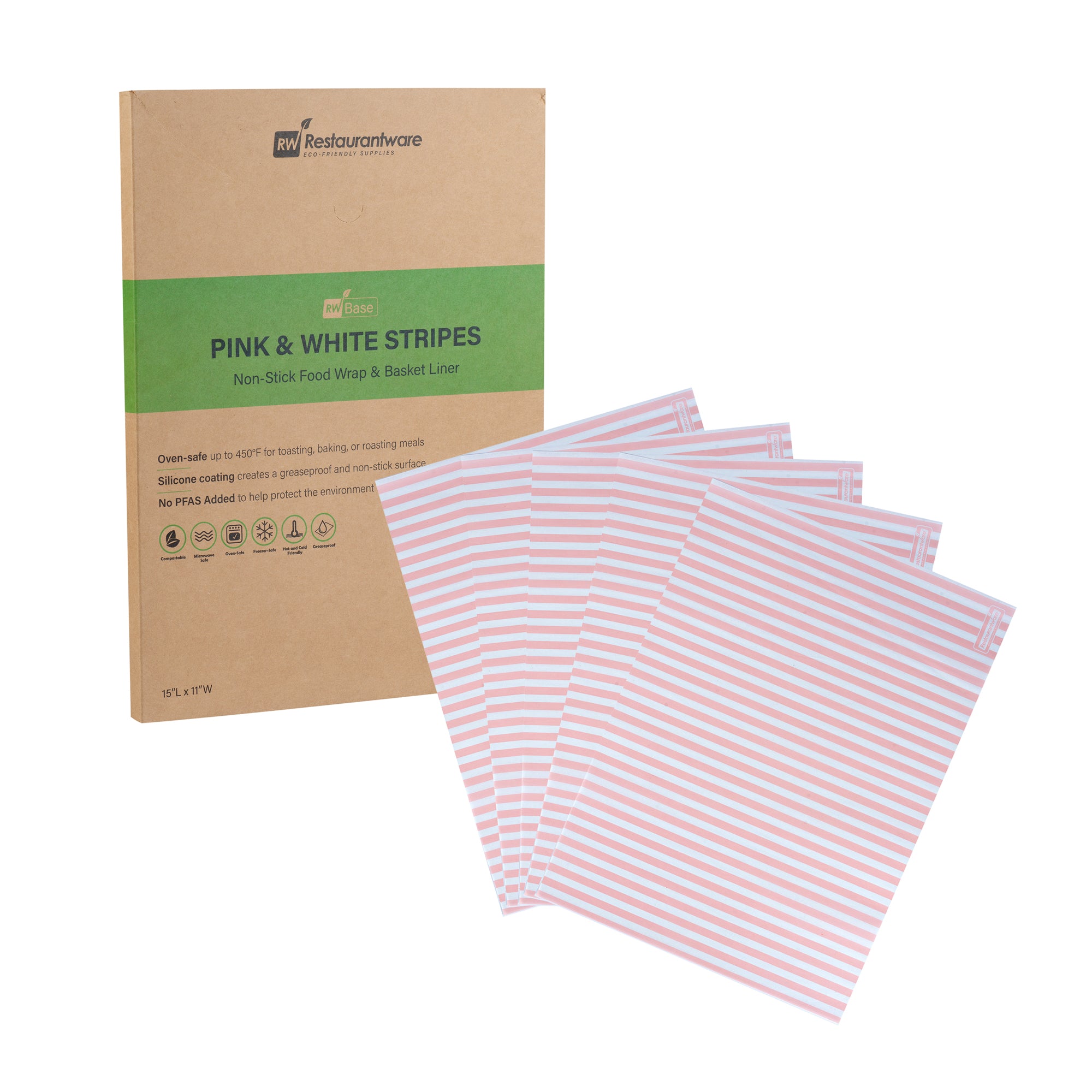 RW Base No PFAS Added Pink and White Stripe Paper Food Wrap and Basket Liner - Greaseproof, Compostable - 15" x 11" - 2000 count box