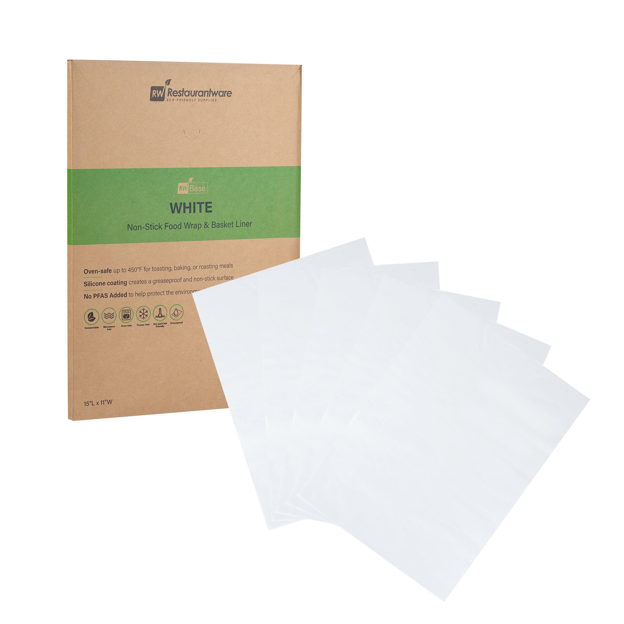 RW Base No PFAS Added White Paper Food Wrap and Basket Liner - Greaseproof, Compostable - 15" x 11" - 2000 count box