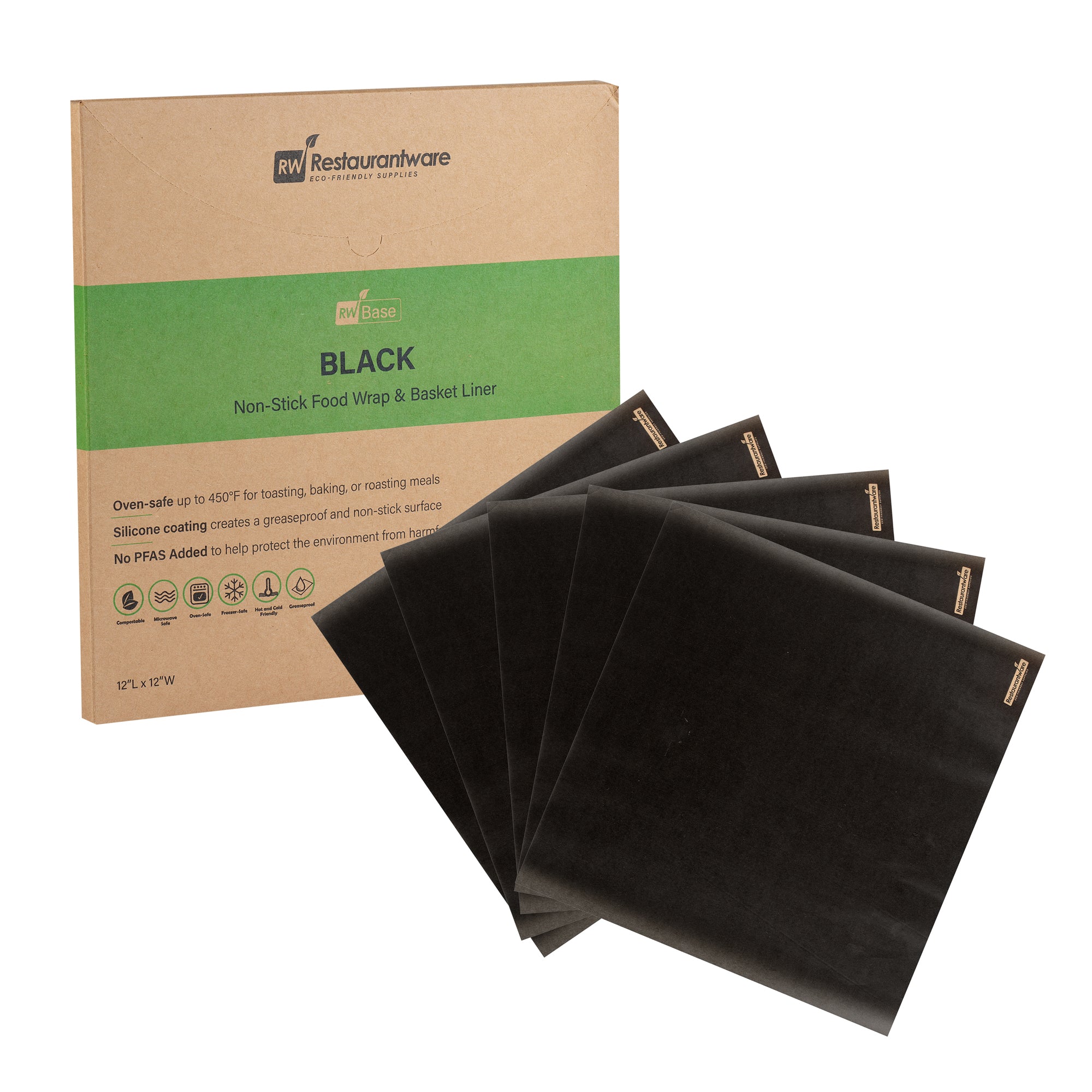 RW Base No PFAS Added Black Paper Bakery Wrap and Basket Liner - Greaseproof - 12" x 12" - 2000 count box