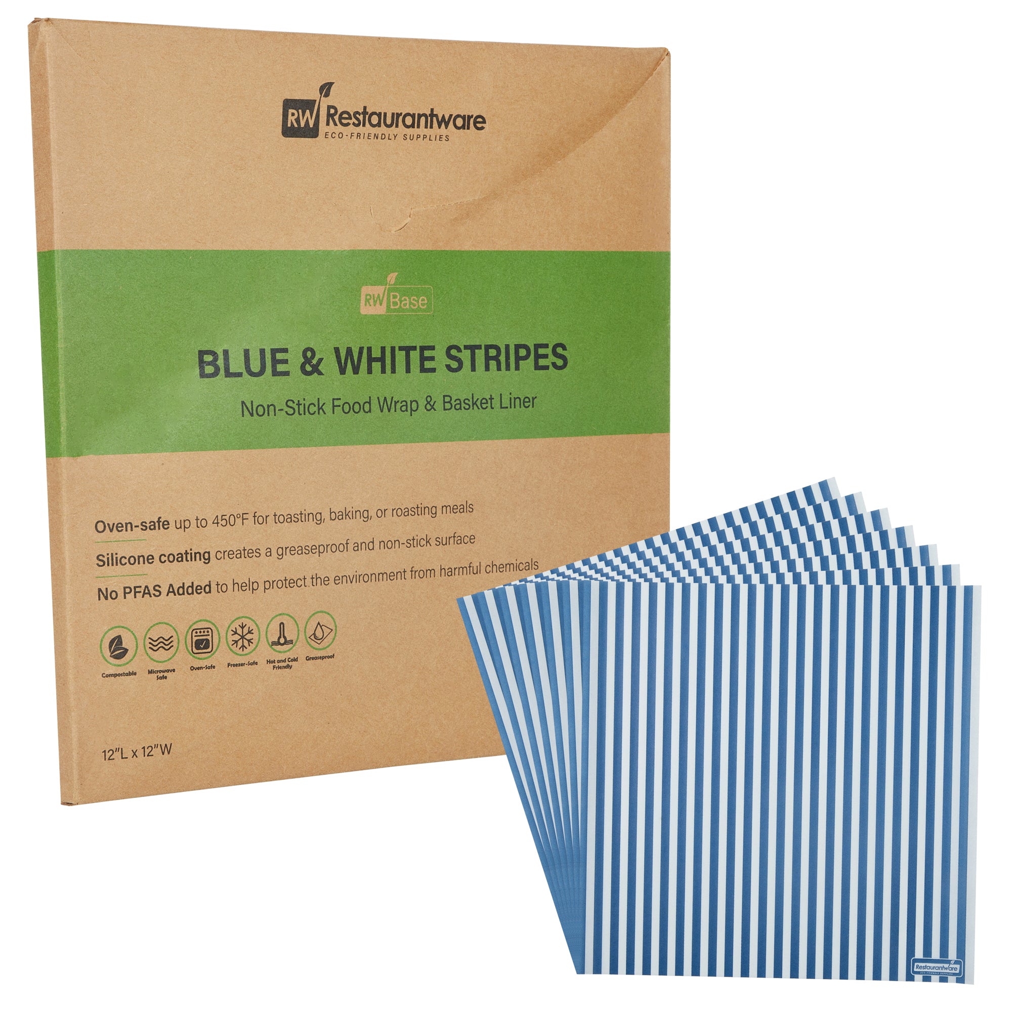 RW Base No PFAS Added Blue and White Stripe Paper Bakery Wrap and Basket Liner - Greaseproof - 12" x 12" - 2000 count box