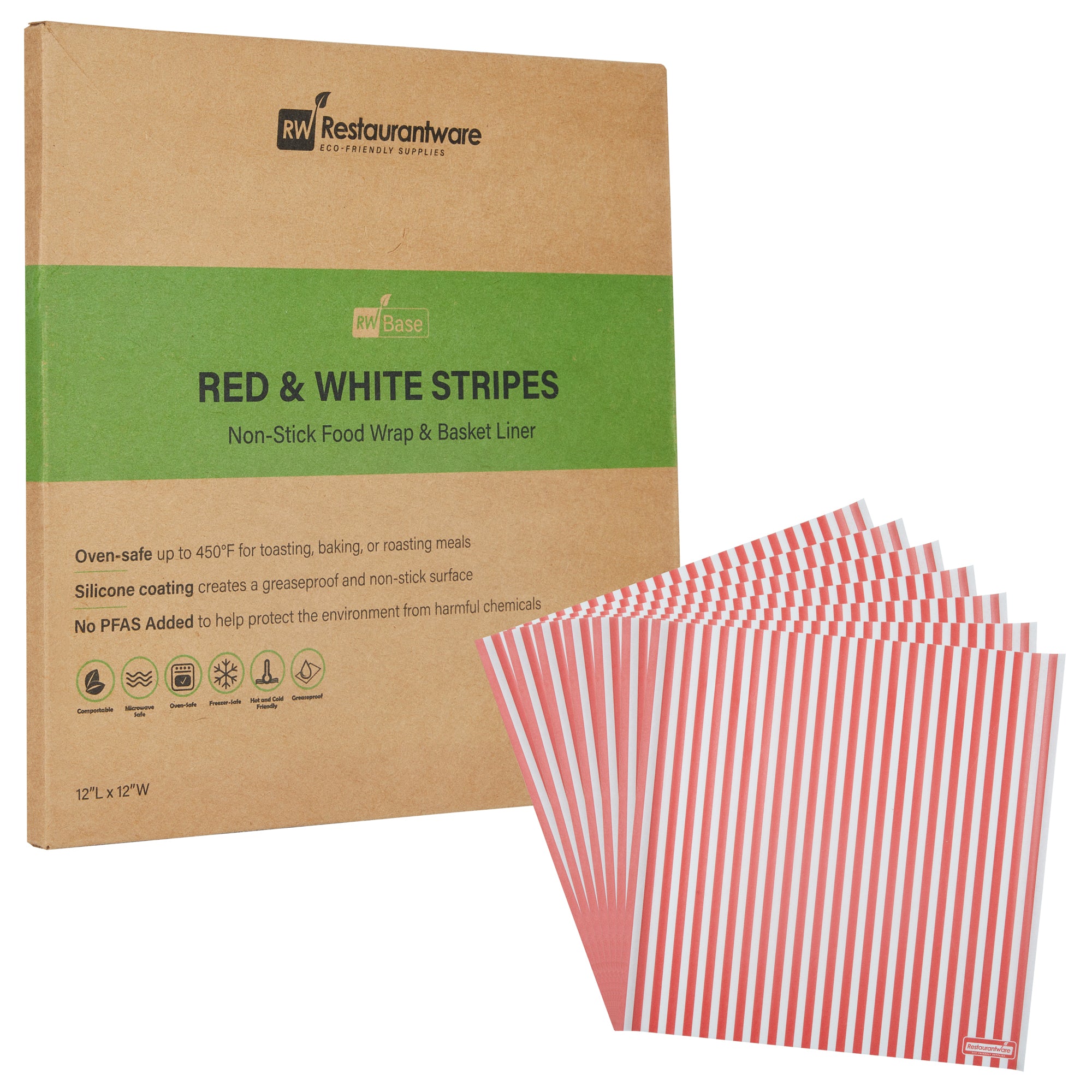 RW Base No PFAS Added Red and White Stripe Paper Bakery Wrap and Basket Liner - Greaseproof - 12" x 12" - 2000 count box