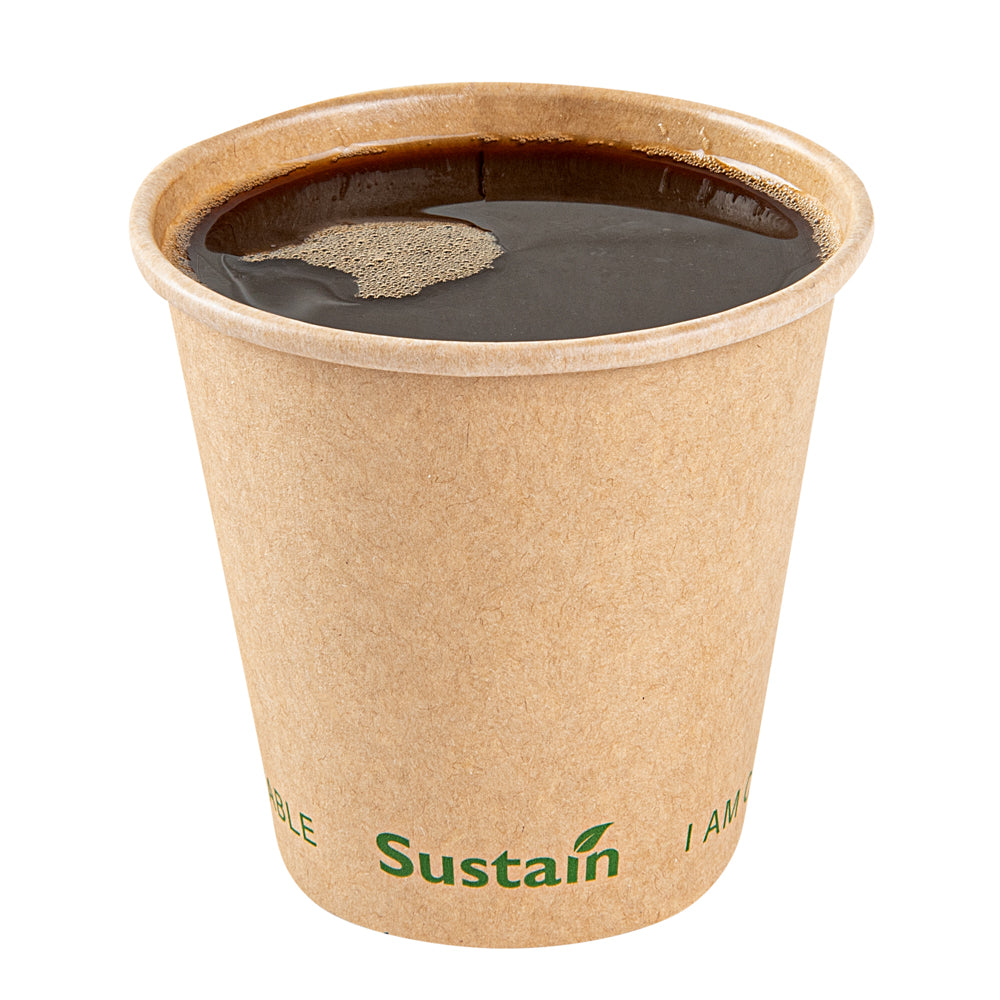 Sustain 8 oz Kraft Paper Coffee Cup - PLA Lining, Compostable, Single Wall - 3 1/2" x 3 1/2" x 3 1/4" - 1000 count box