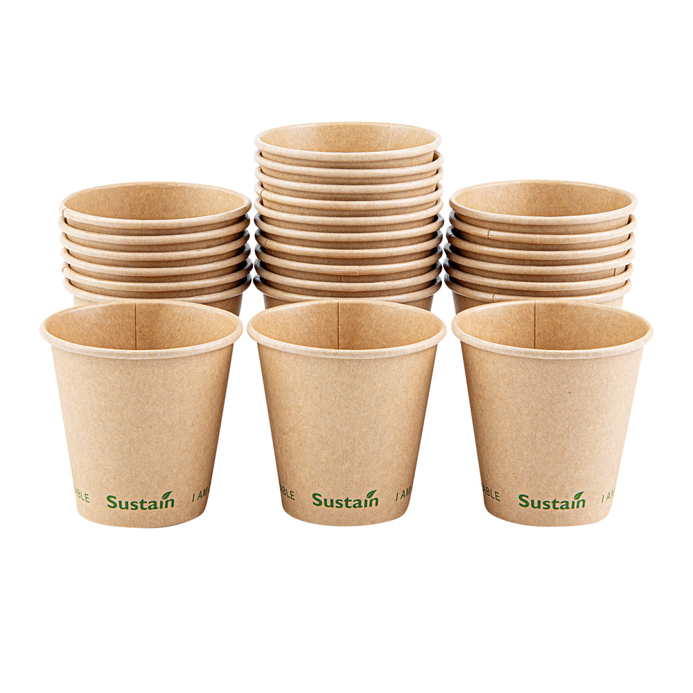 Sustain 8 oz Kraft Paper Coffee Cup - PLA Lining, Compostable, Single Wall - 3 1/2" x 3 1/2" x 3 1/4" - 1000 count box