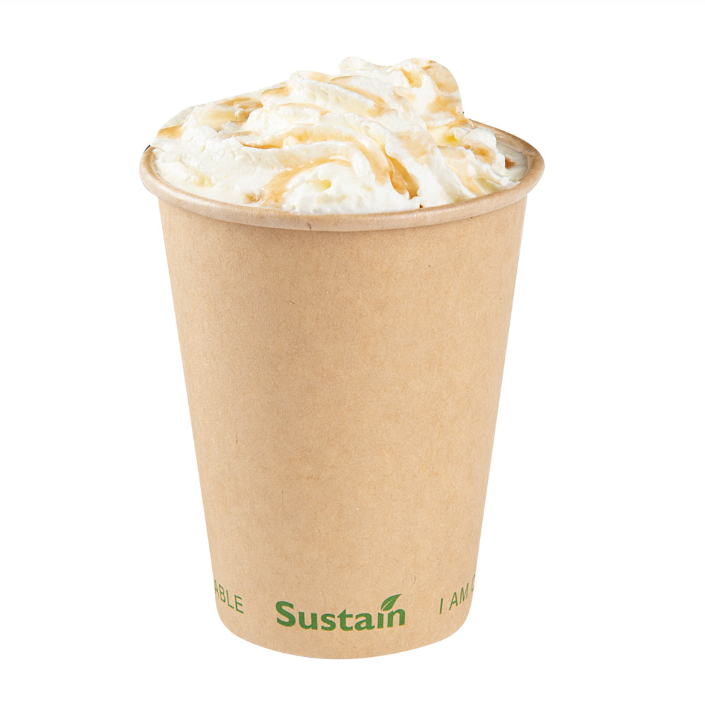 Sustain 12 oz Kraft Paper Coffee Cup - PLA Lining, Compostable, Single Wall - 3 1/2" x 3 1/2" x 4 1/4" - 1000 count box