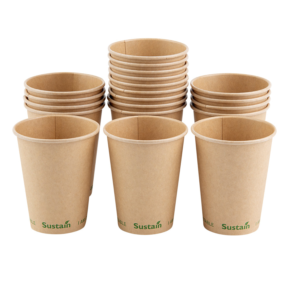 Sustain 12 oz Kraft Paper Coffee Cup - PLA Lining, Compostable, Single Wall - 3 1/2" x 3 1/2" x 4 1/4" - 1000 count box