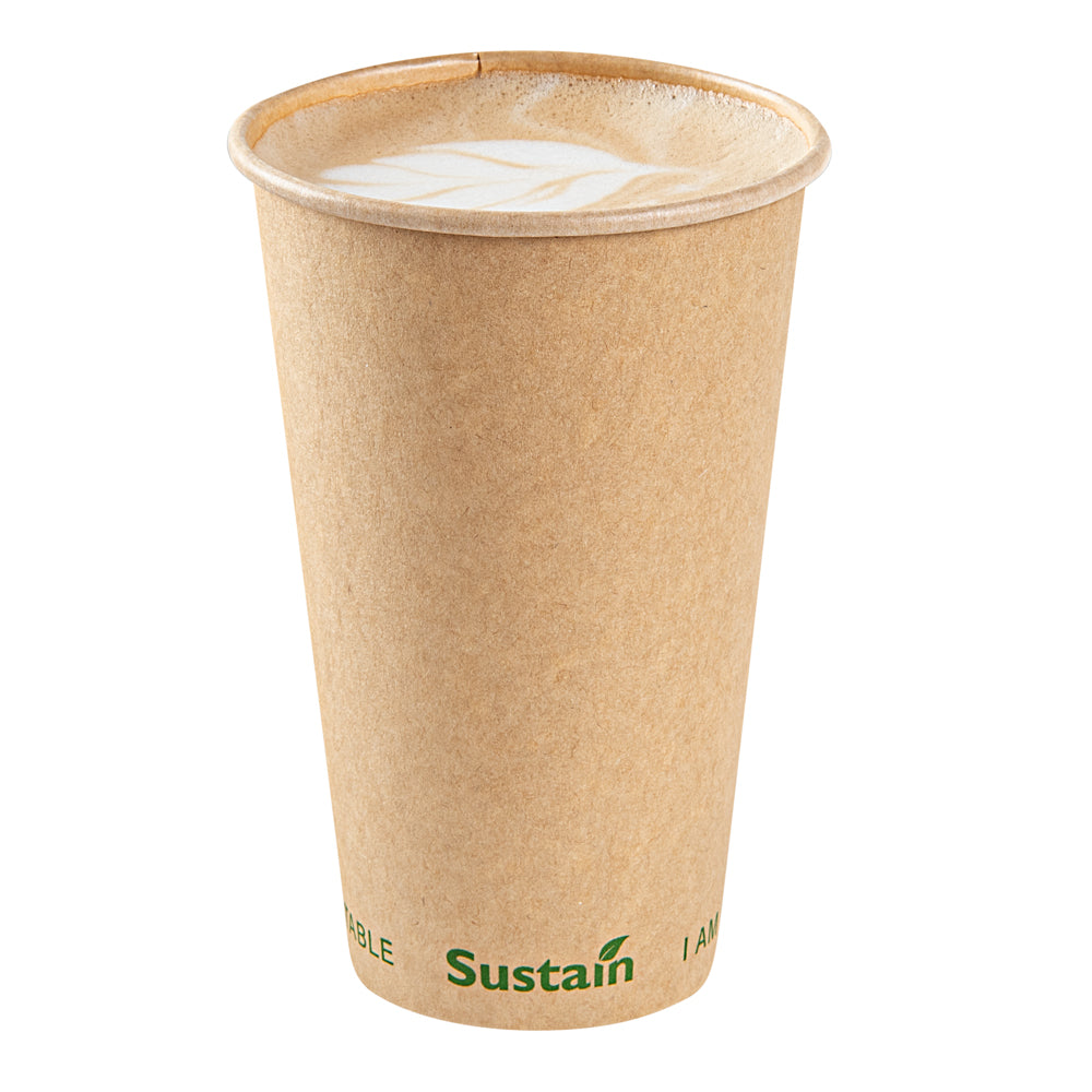 Sustain 16 oz Kraft Paper Coffee Cup - PLA Lining, Compostable, Single Wall - 3 1/2" x 3 1/2" x 5 1/2" - 1000 count box