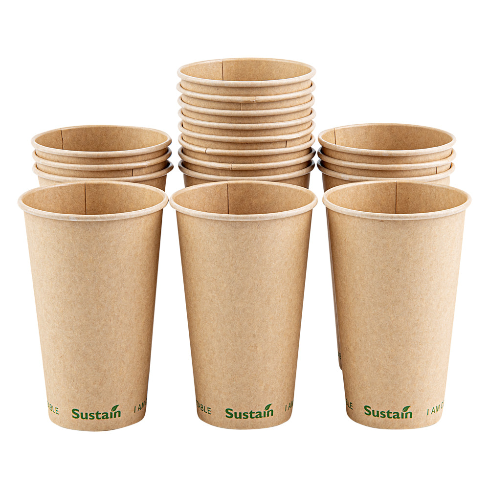 Sustain 16 oz Kraft Paper Coffee Cup - PLA Lining, Compostable, Single Wall - 3 1/2" x 3 1/2" x 5 1/2" - 1000 count box