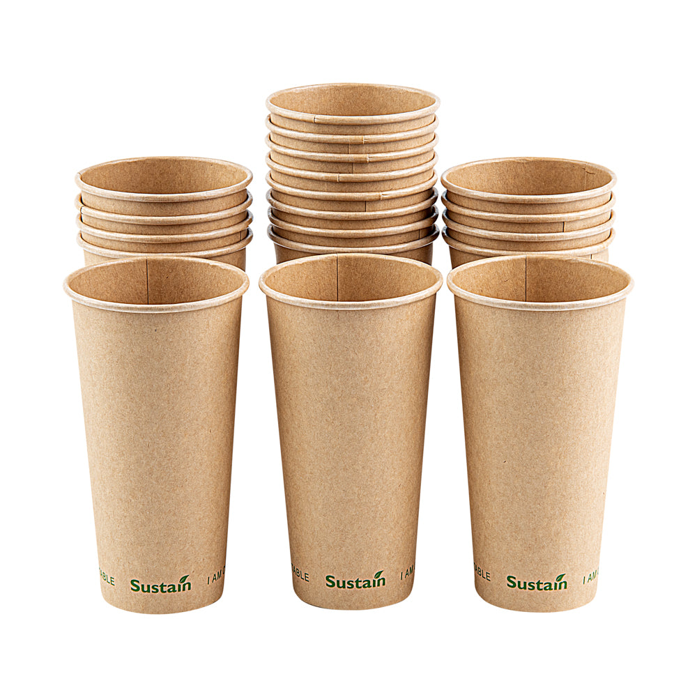 Sustain 20 oz Kraft Paper Coffee Cup - PLA Lining, Compostable, Single Wall - 3 1/2" x 3 1/2" x 6 1/4" - 1000 count box