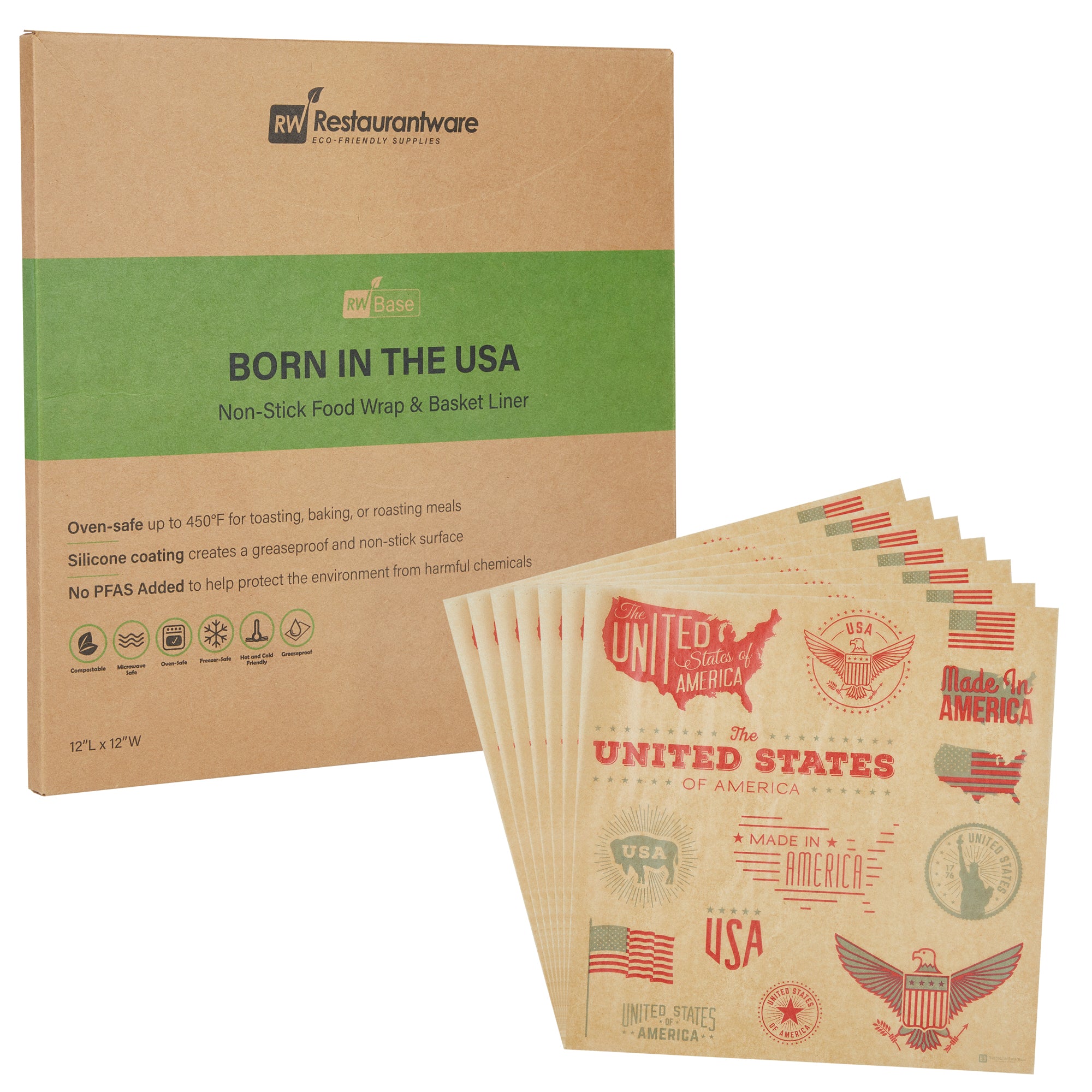 RW Base No PFAS Added Kraft Paper Food Wrap and Basket Liner - Born in the USA, Greaseproof, Compostable - 12" x 12" - 2000 count box