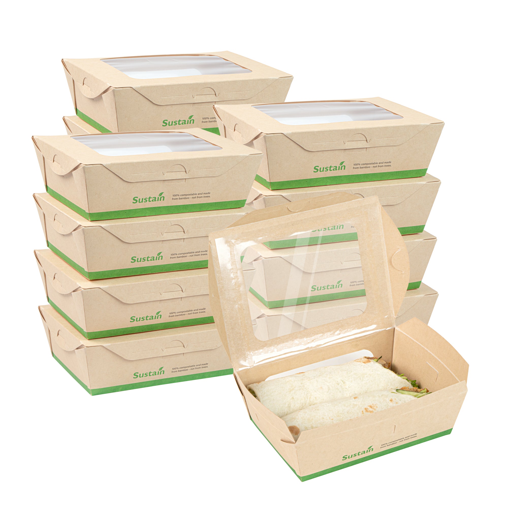 Sustain 28 oz Bamboo Paper Small Bio Lunch Box - with PLA Lining and Windows, Compostable - 6 1/4" x 4 3/4" x 2" - 200 count box