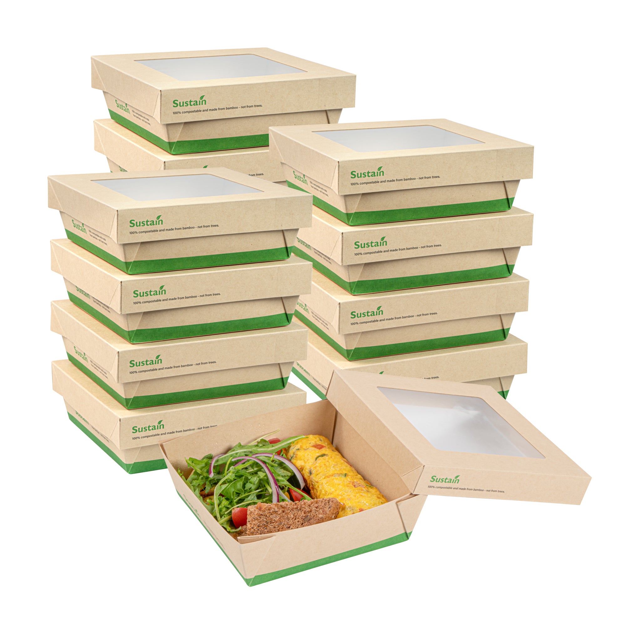 Sustain 34 oz Bamboo Paper Large Take Out Container - with PLA Lining and Window, Compostable - 6" x 6" x 2" - 200 count box