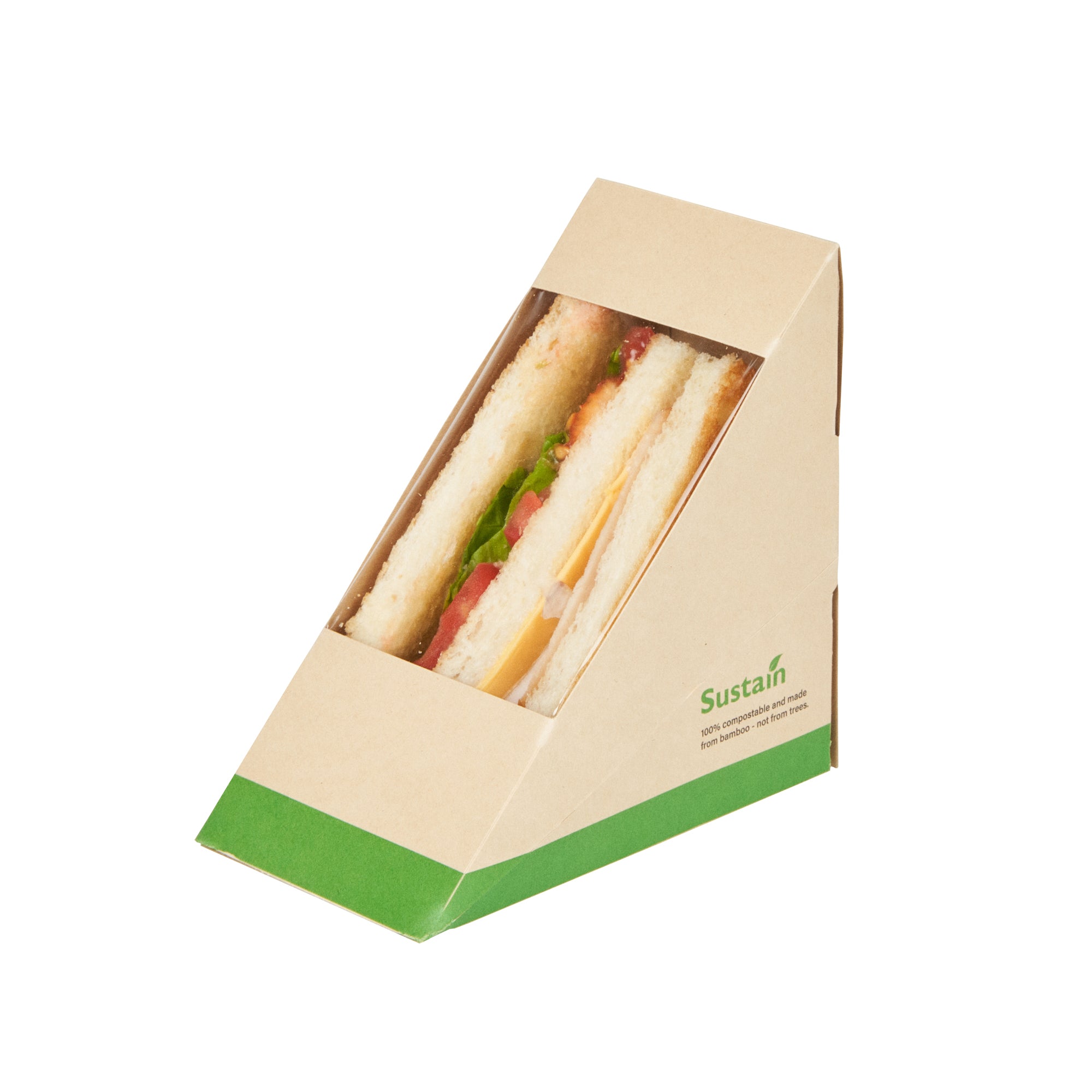 Sustain Bamboo Paper Medium Sandwich Box - with PLA Lining and Window, Compostable - 4 3/4" x 4 3/4" x 2 3/4" - 200 count box