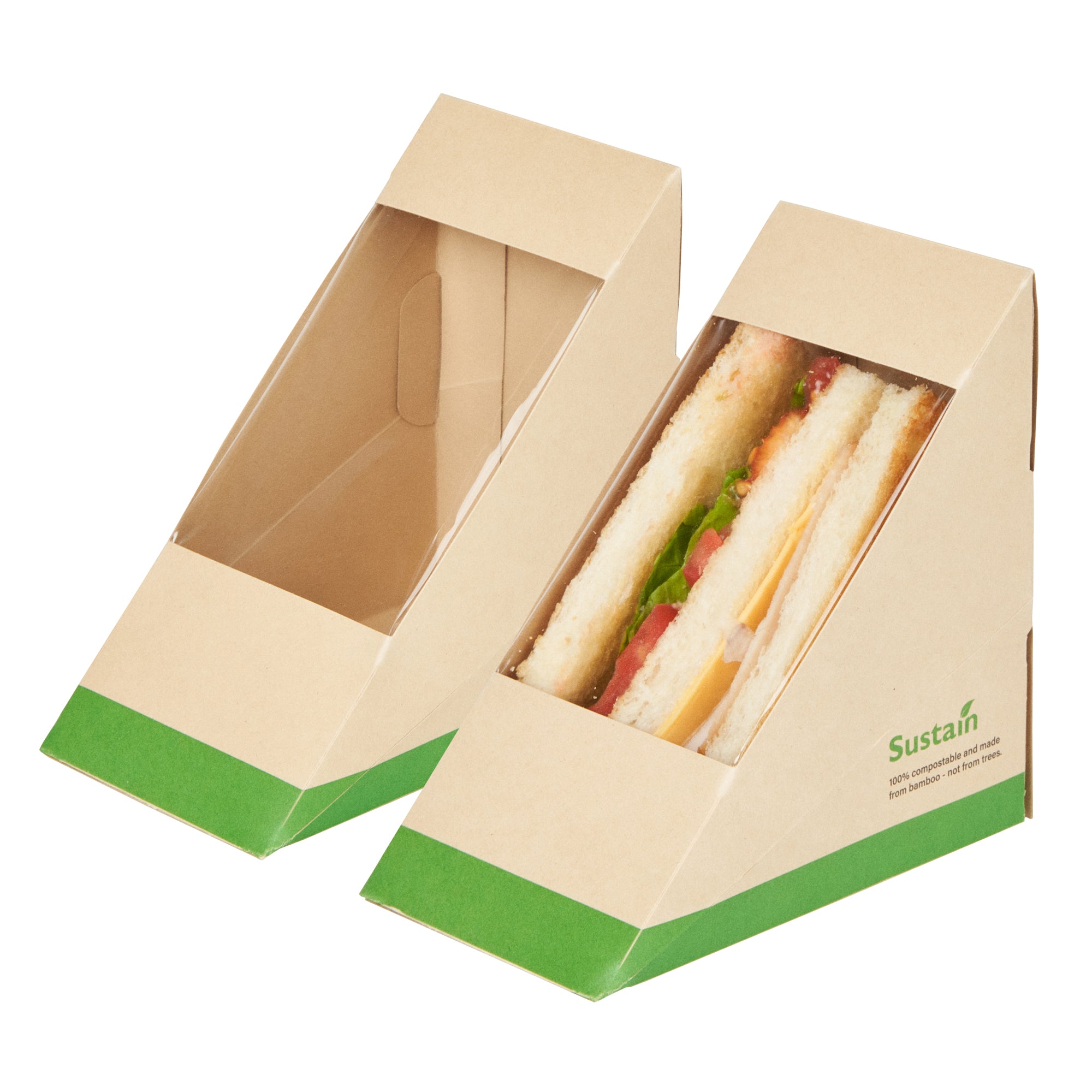 Sustain Bamboo Paper Medium Sandwich Box - with PLA Lining and Window, Compostable - 4 3/4" x 4 3/4" x 2 3/4" - 200 count box