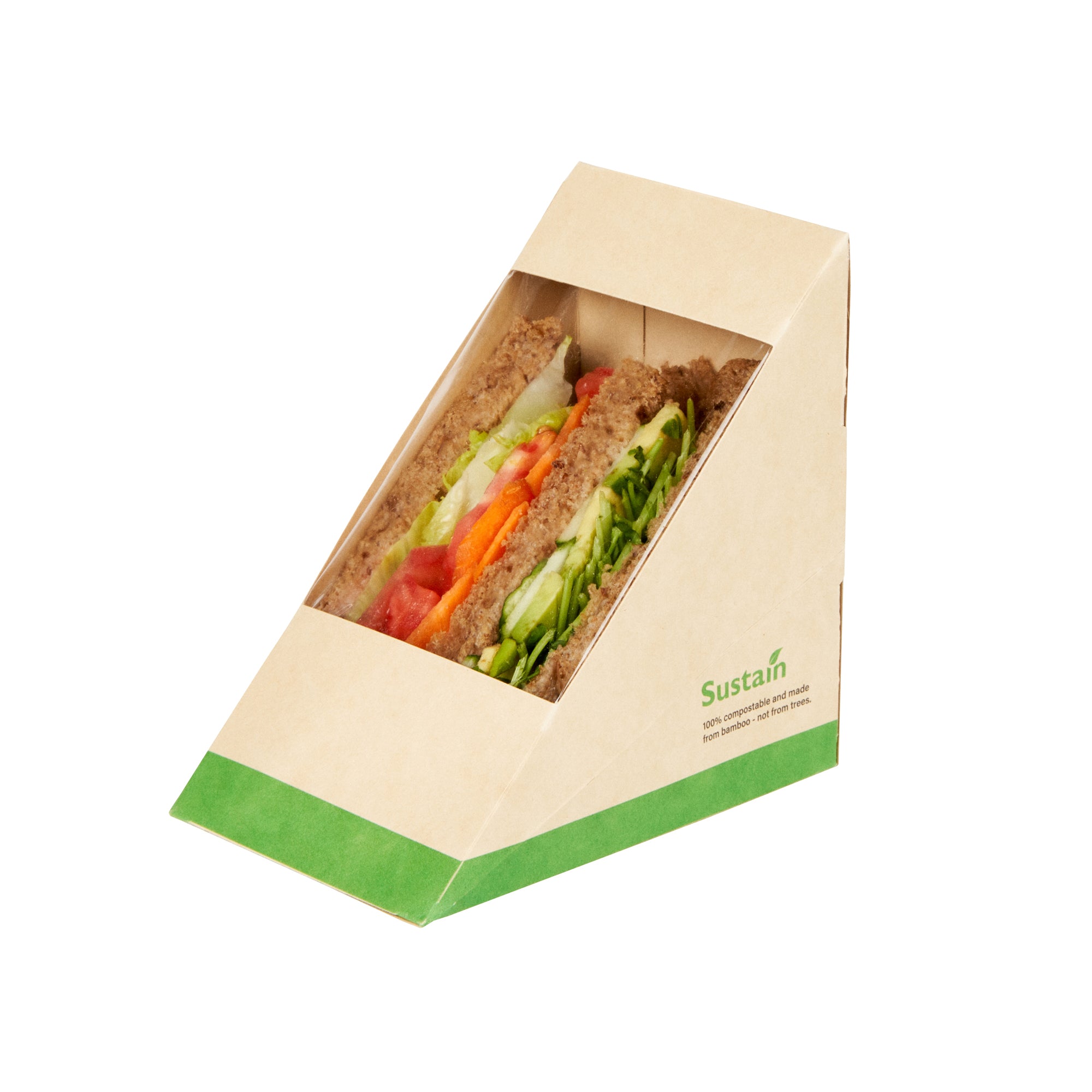 Sustain Bamboo Paper Large Sandwich Box - with PLA Lining and Window, Compostable - 4 3/4" x 4 3/4" x 3 1/4" - 200 count box