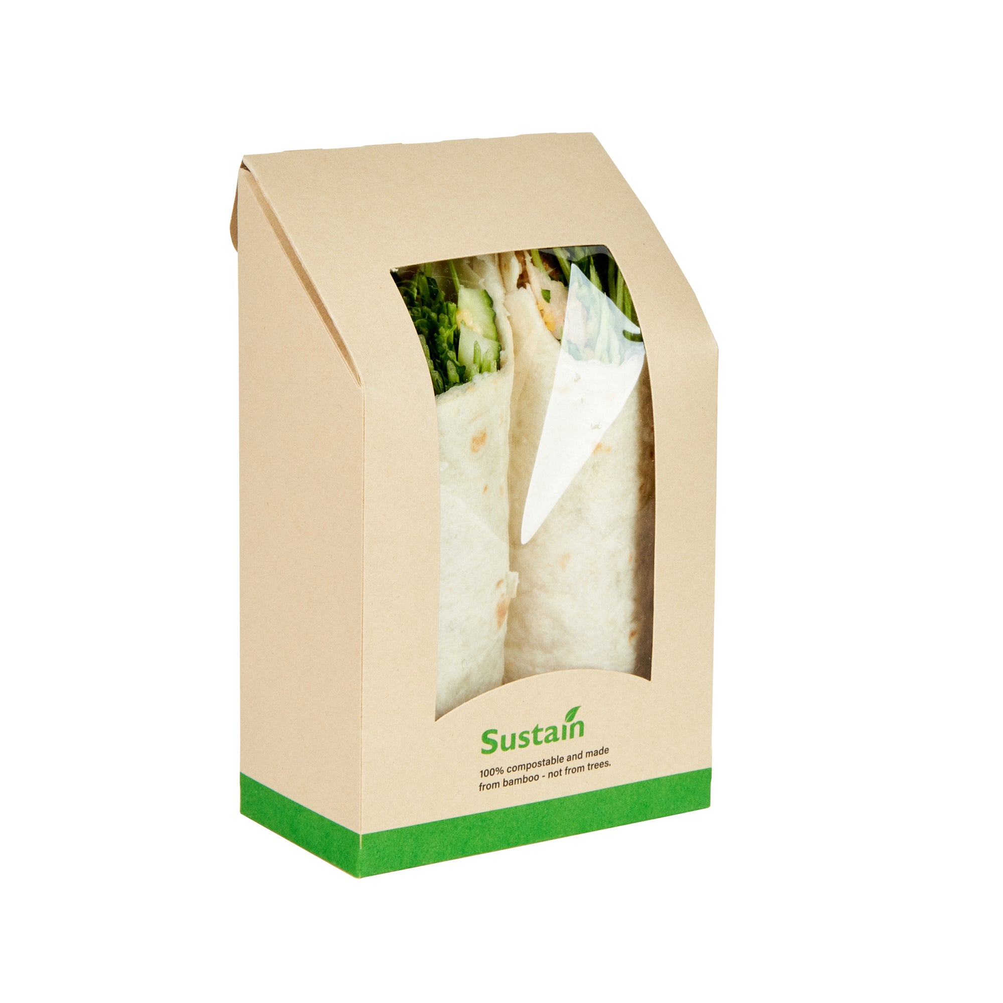 Sustain Bamboo Paper Sandwich / Wrap Take Out Container - with PLA Lining and Window, Compostable - 6" x 3 3/4" x 2" - 200 count box