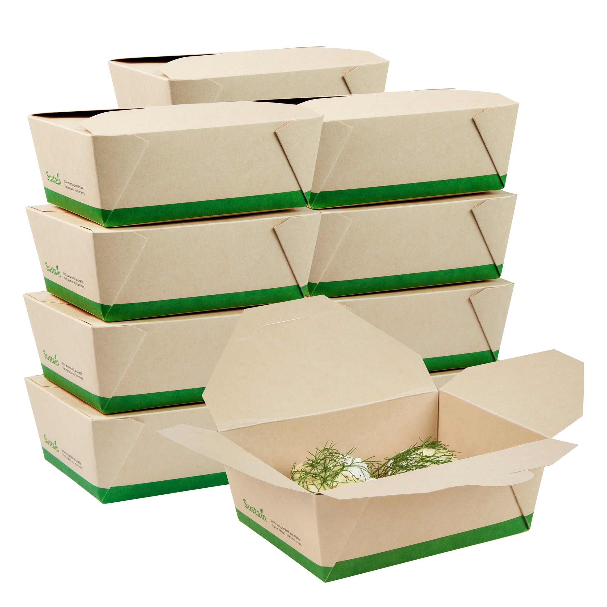 Sustain 45 oz Rectangle Bamboo Paper #8 Bio Box Take Out Container - with PLA Lining, Compostable - 6 3/4" x 5 1/2" x 2 1/2" - 200 count box