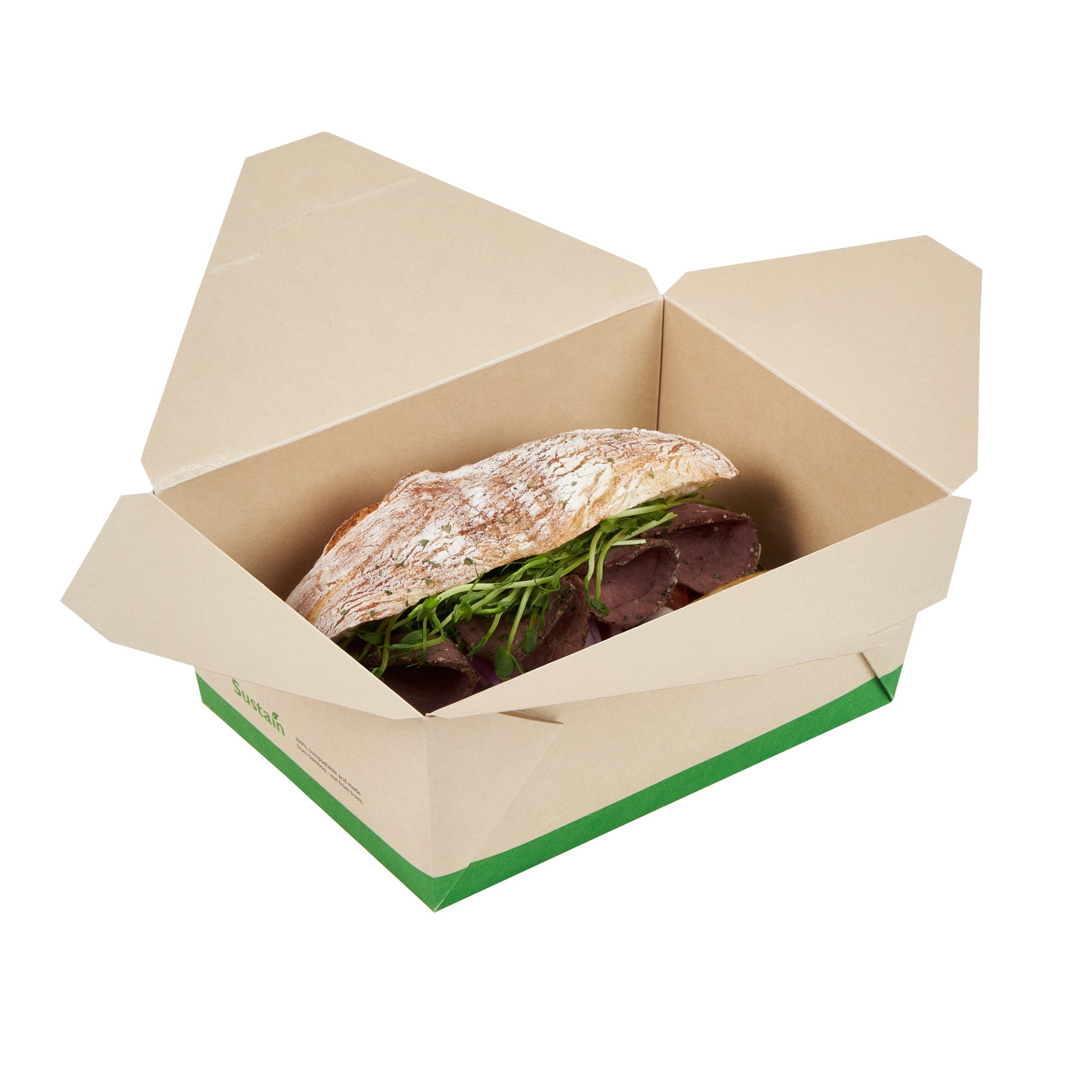 Sustain 98 oz Rectangle Bamboo Paper #4 Bio Box Take Out Container - with PLA Lining, Compostable - 8 1/2" x 6 1/4" x 3 1/2" - 200 count box