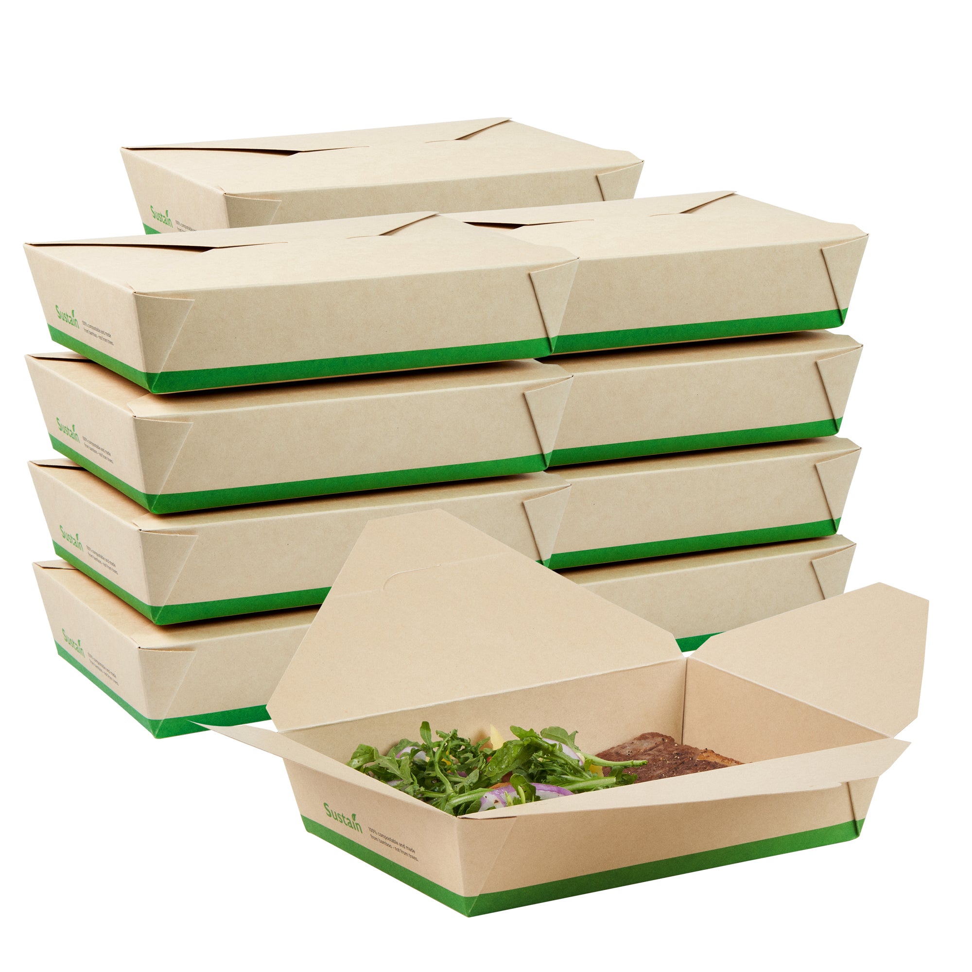 Sustain 49 oz Rectangle Bamboo Paper #2 Bio Box Take Out Container - with PLA Lining, Compostable - 8 1/2" x 6 1/4" x 2" - 200 count box