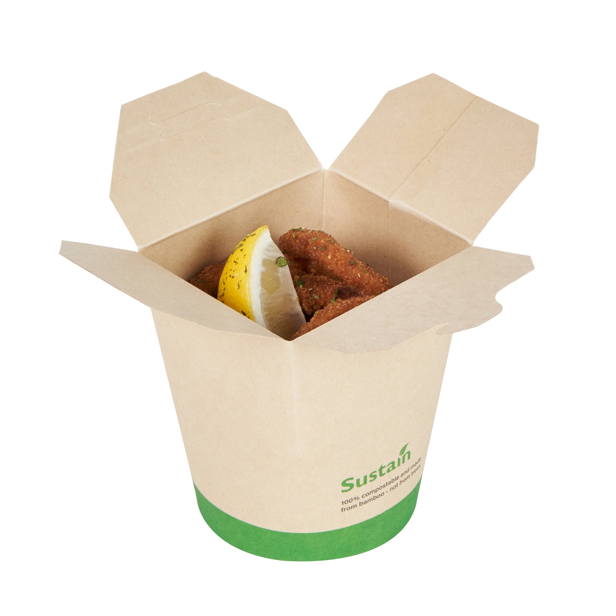 Sustain 16 oz Round Bamboo Paper Noodle Take Out Container - with PLA Lining, Compostable - 3 1/4" x 3" x 4" - 200 count box