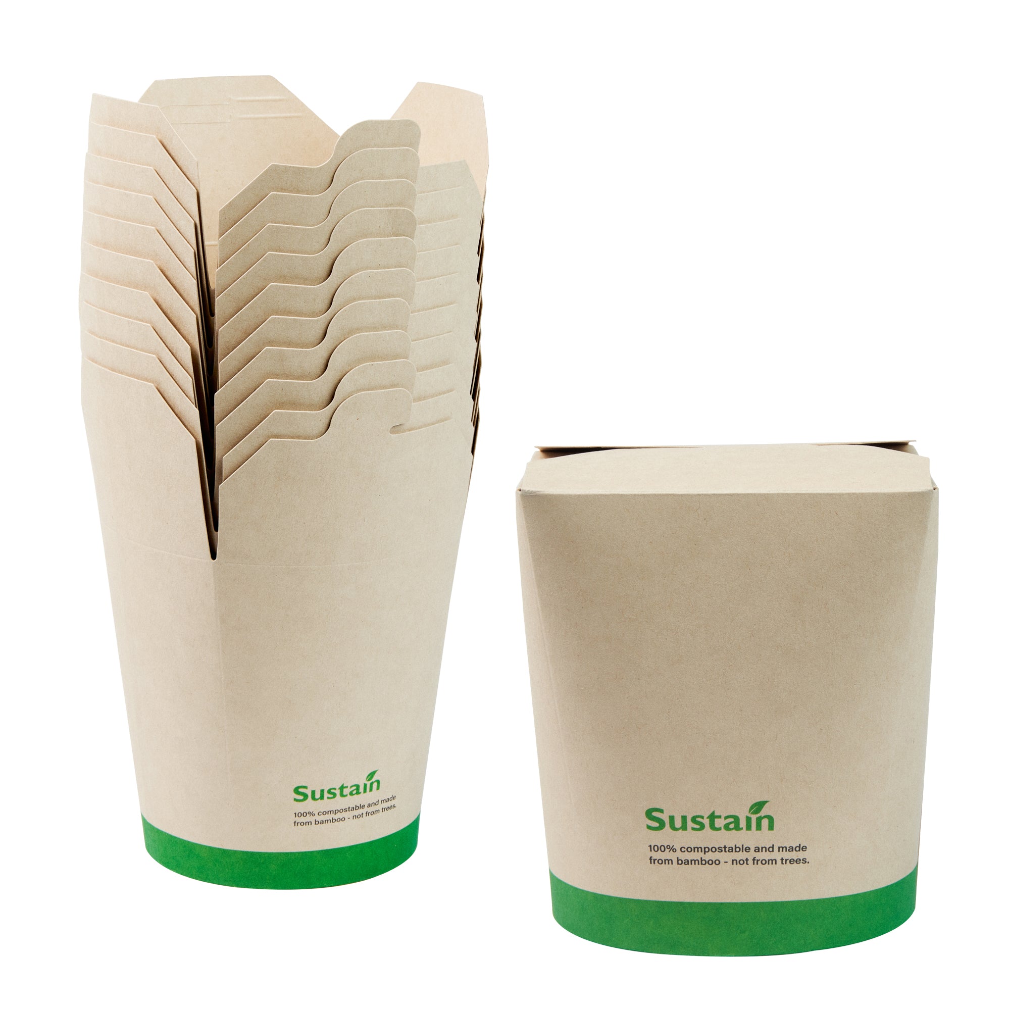 Sustain 32 oz Round Bamboo Paper Noodle Take Out Container - with PLA Lining, Compostable - 4" x 3 1/2" x 4 1/2" - 200 count box