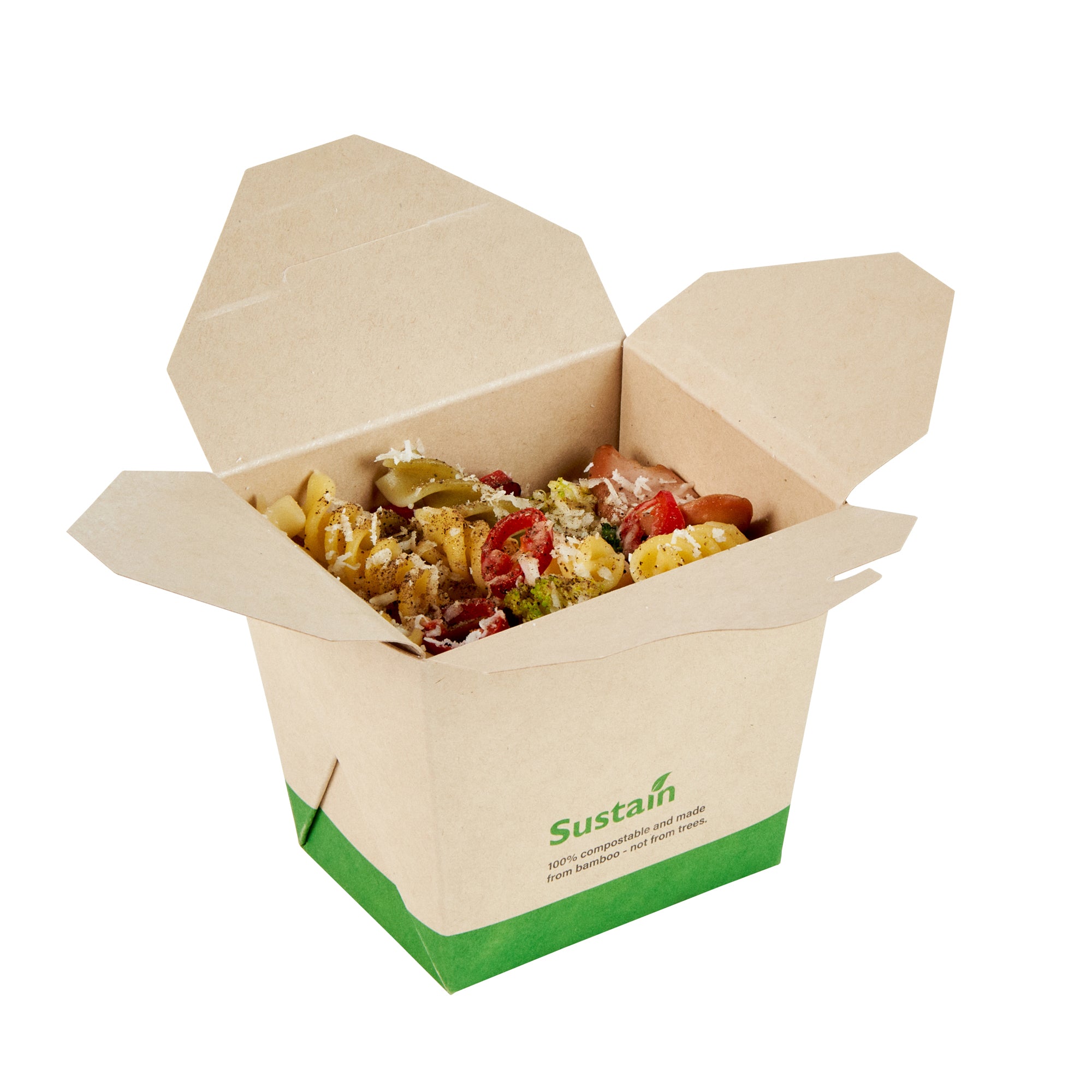 Sustain 16 oz Square Bamboo Paper Noodle Take Out Container - with PLA Lining, Compostable - 3 1/2" x 3" x 3 1/4" - 200 count box