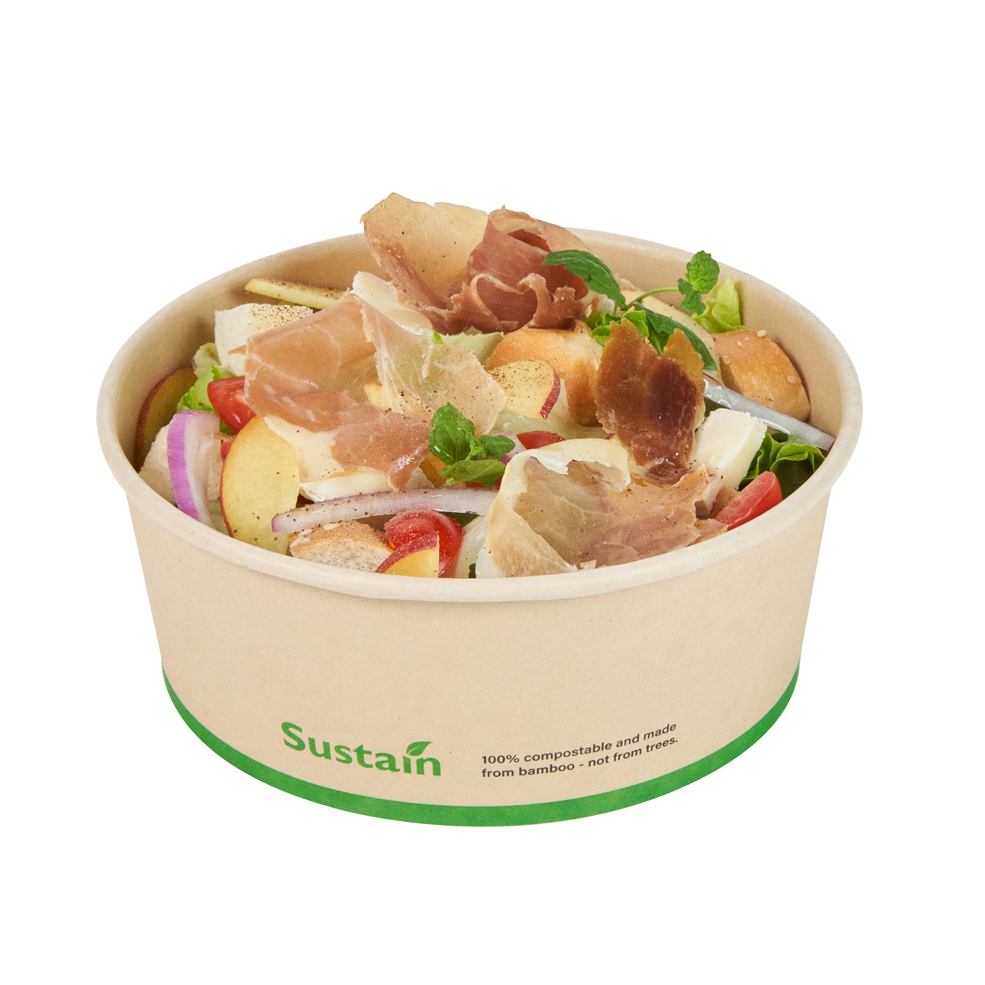 Sustain 25 oz Round Bamboo Paper Salad Container - with PLA Lining, Compostable - 6" x 6" x 2 1/2" - 200 count box