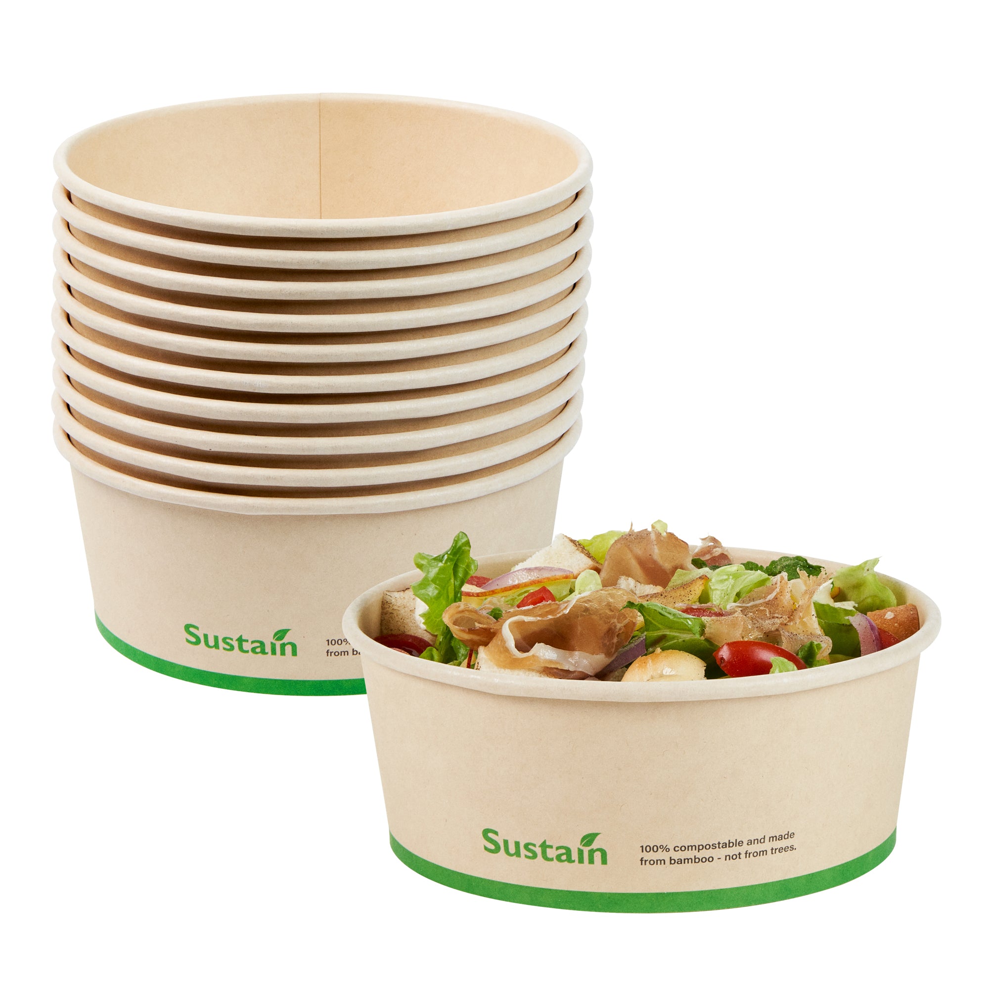 Sustain 25 oz Round Bamboo Paper Salad Container - with PLA Lining, Compostable - 6" x 6" x 2 1/2" - 200 count box