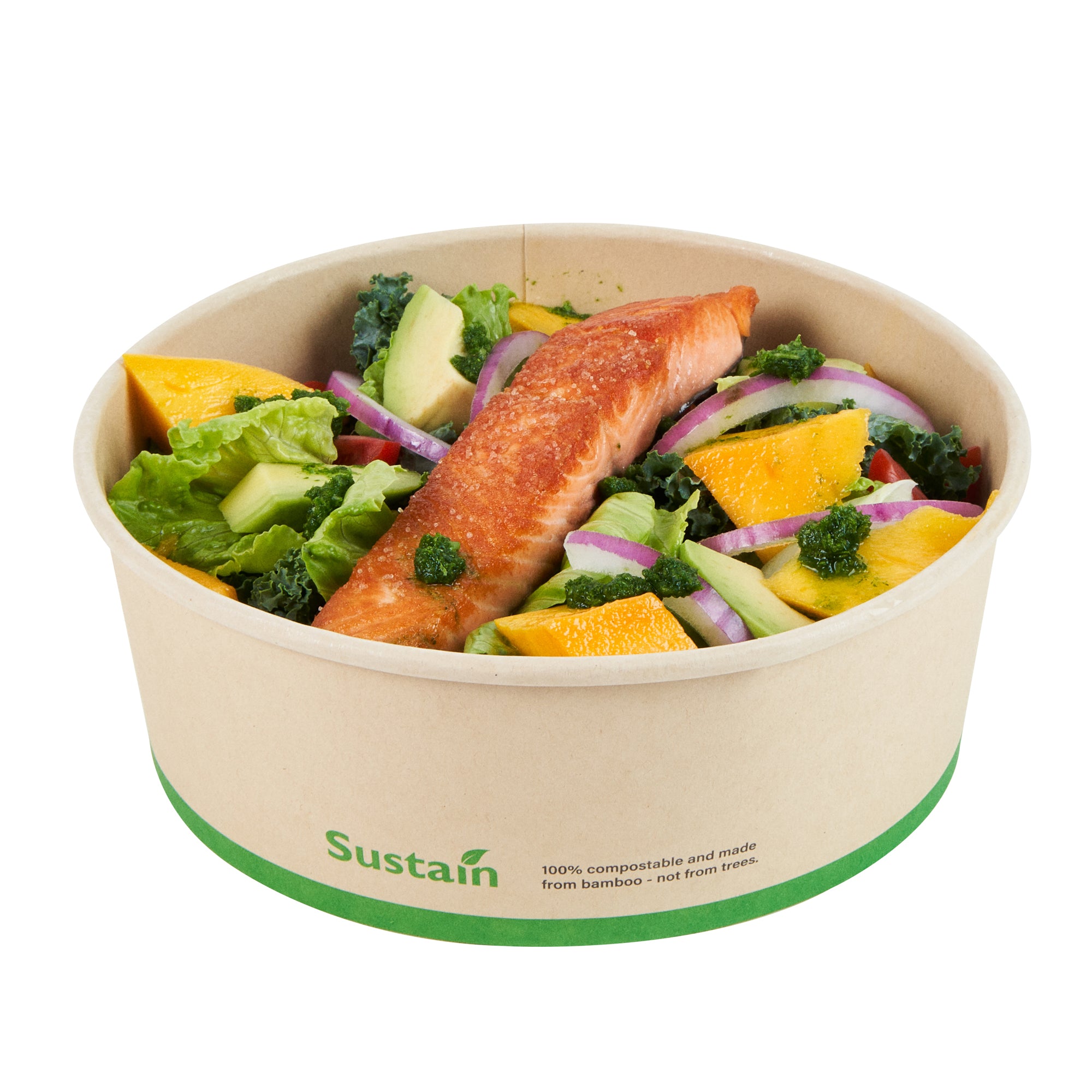 Sustain 44 oz Round Bamboo Paper Salad Container - with PLA Lining, Compostable - 7 1/4" x 7 1/4" x 2 1/2" - 200 count box