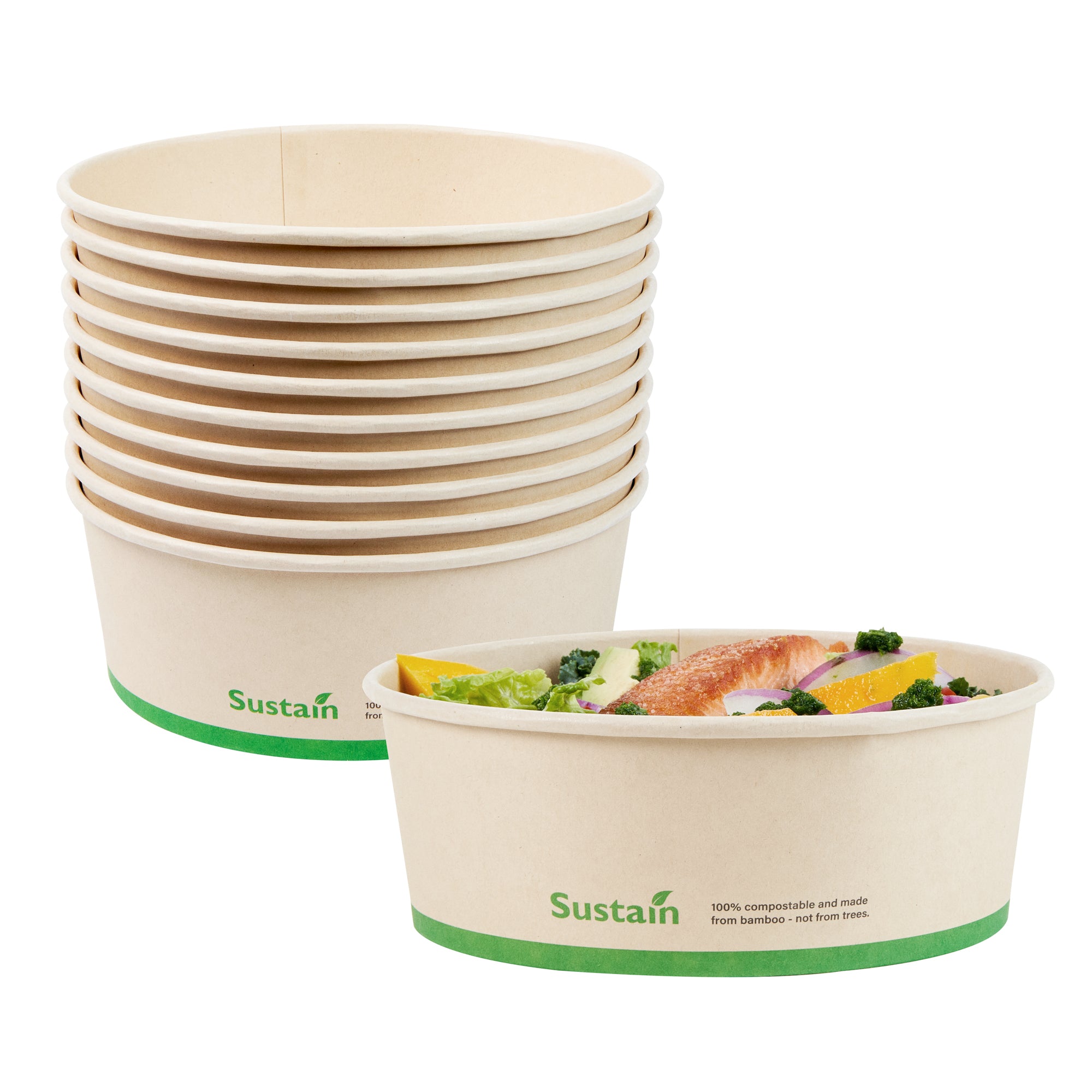 Sustain 44 oz Round Bamboo Paper Salad Container - with PLA Lining, Compostable - 7 1/4" x 7 1/4" x 2 1/2" - 200 count box