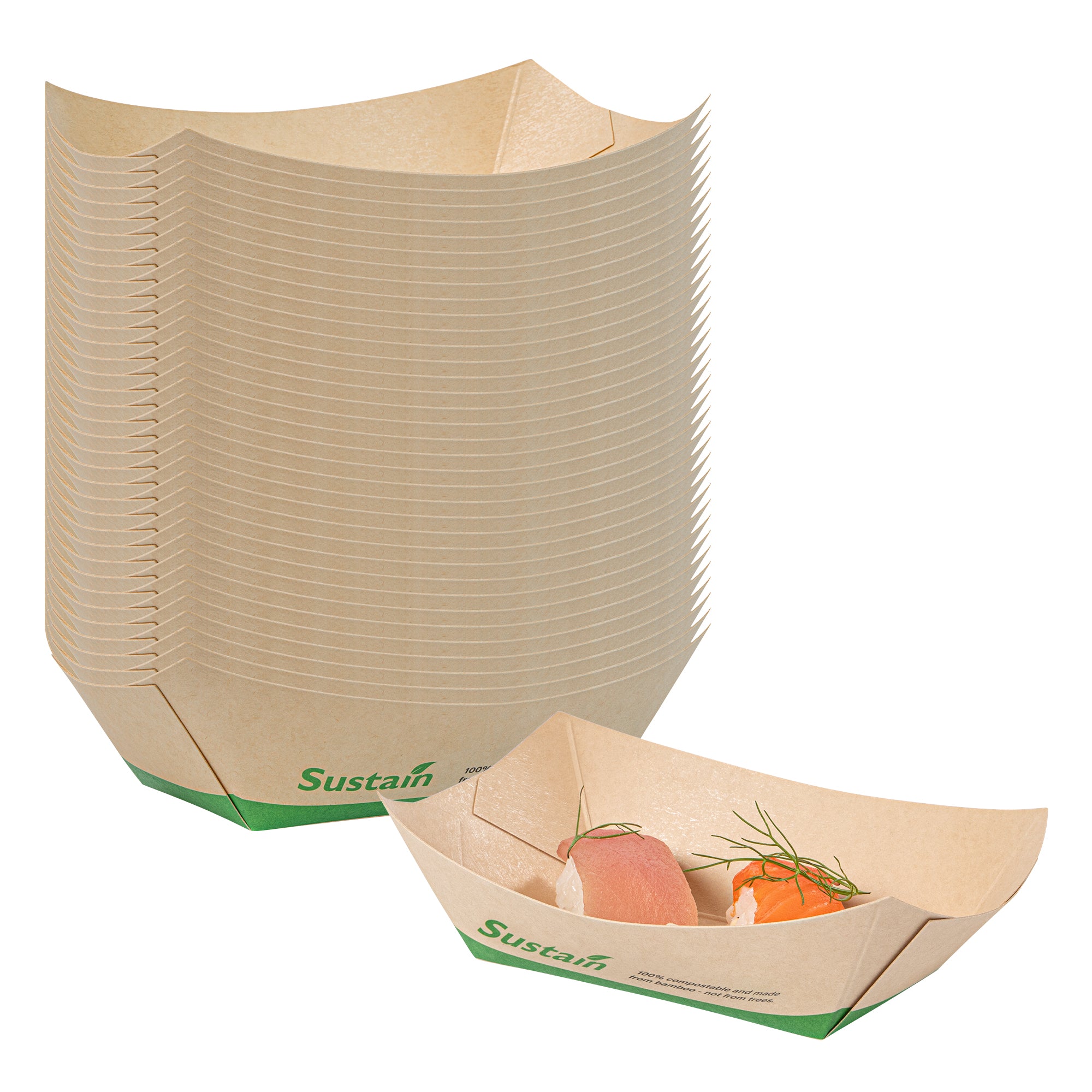 Sustain 6 oz Bamboo Paper #40 Boat - with PLA Lining, Compostable - 3 1/4" x 2" x 1 1/2" - 400 count box