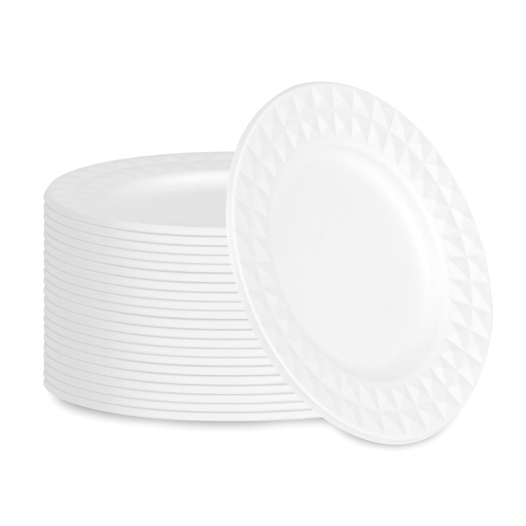 Pulp Safe No PFAS Added Round White Sugarcane / Bagasse Plate - Home Compostable, with Diamond Rim - 7" x 7" x 1/2" - 100 count box