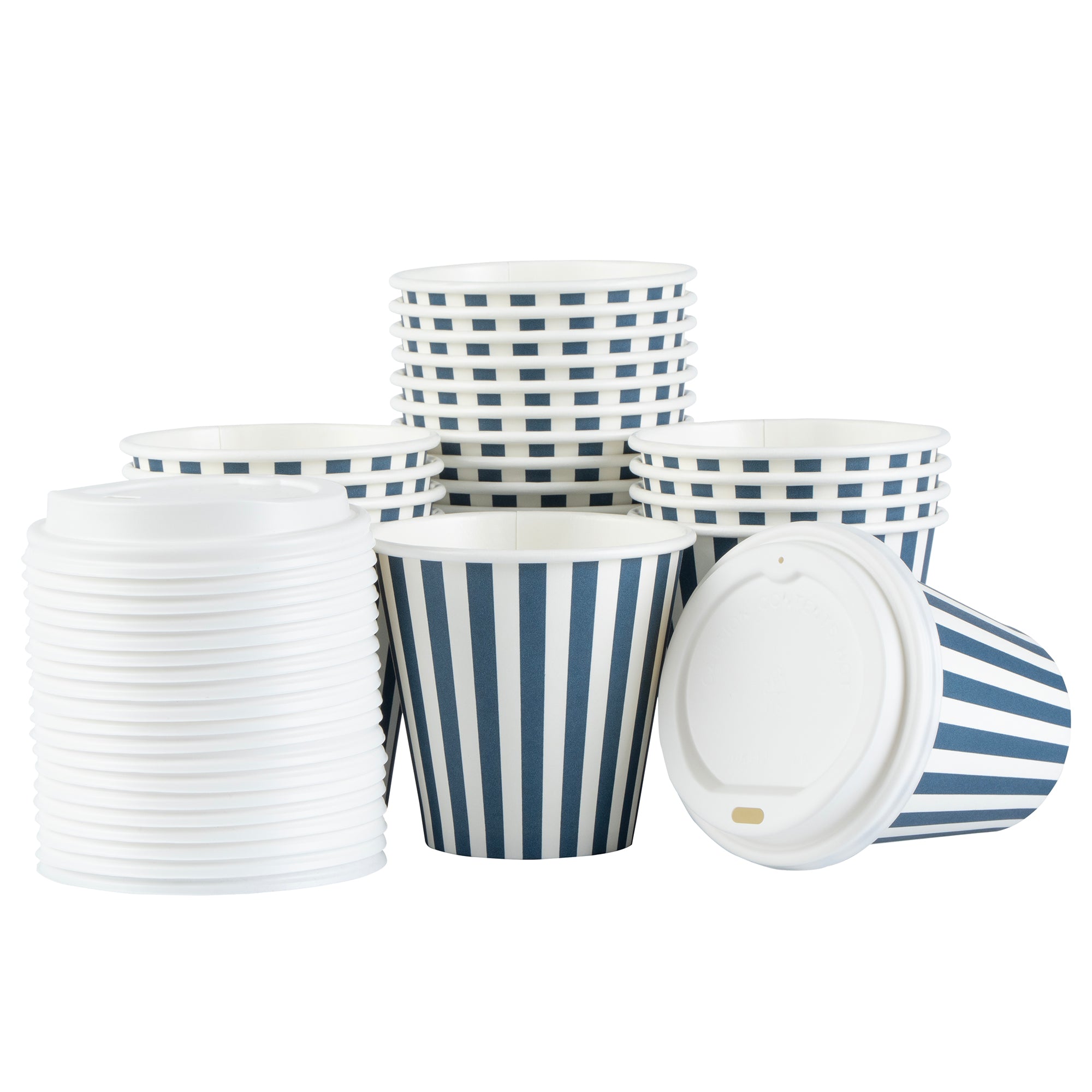 Restpresso 8 oz Blue and White Stripe Paper Single Wall Coffee Cup - with White Lid - 3 1/2"x 3 1/2"x 4" - 400 count box