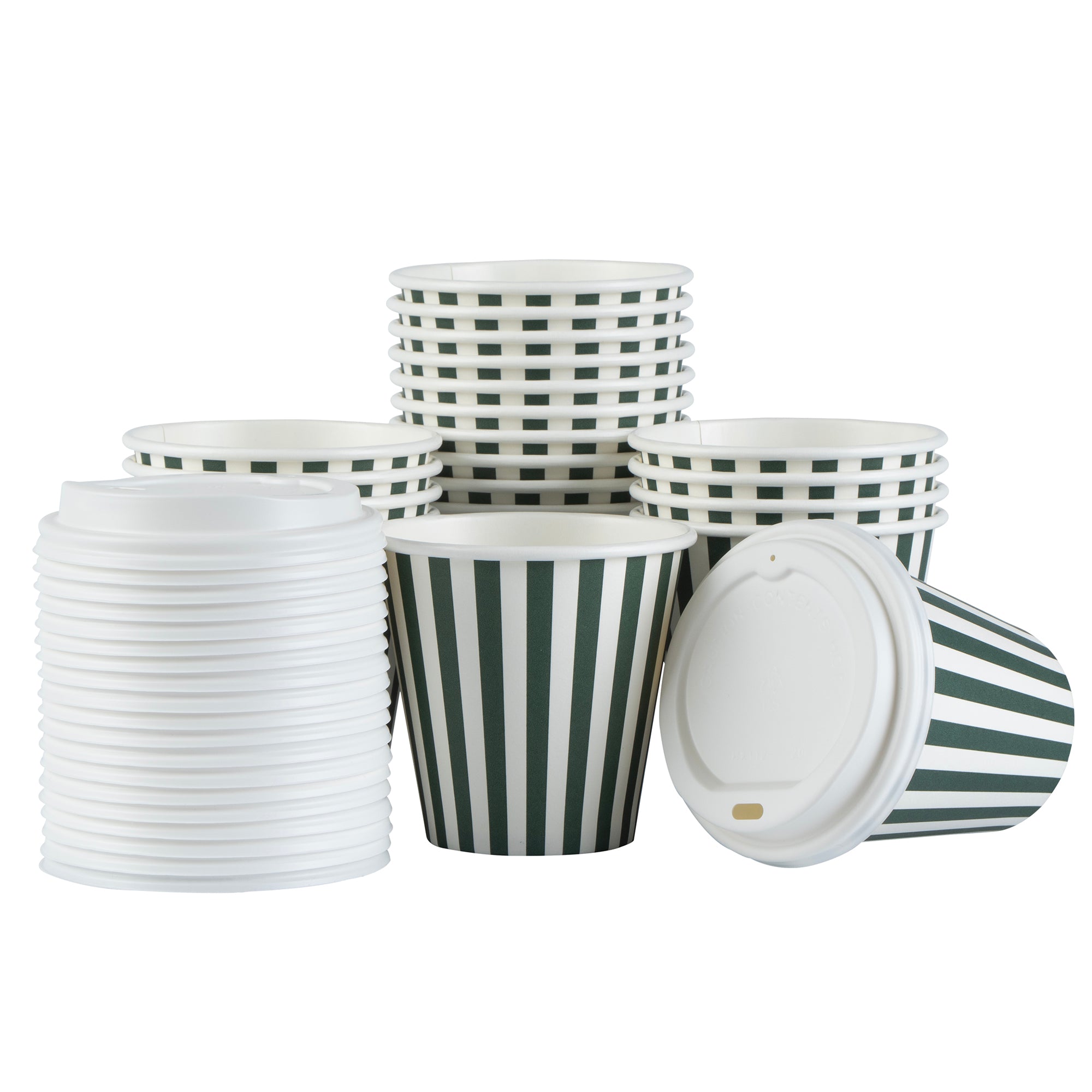 Restpresso 8 oz Forest Green and White Stripe Paper Single Wall Coffee Cup - with White Lid - 3 1/2"x 3 1/2"x 4" - 400 count box