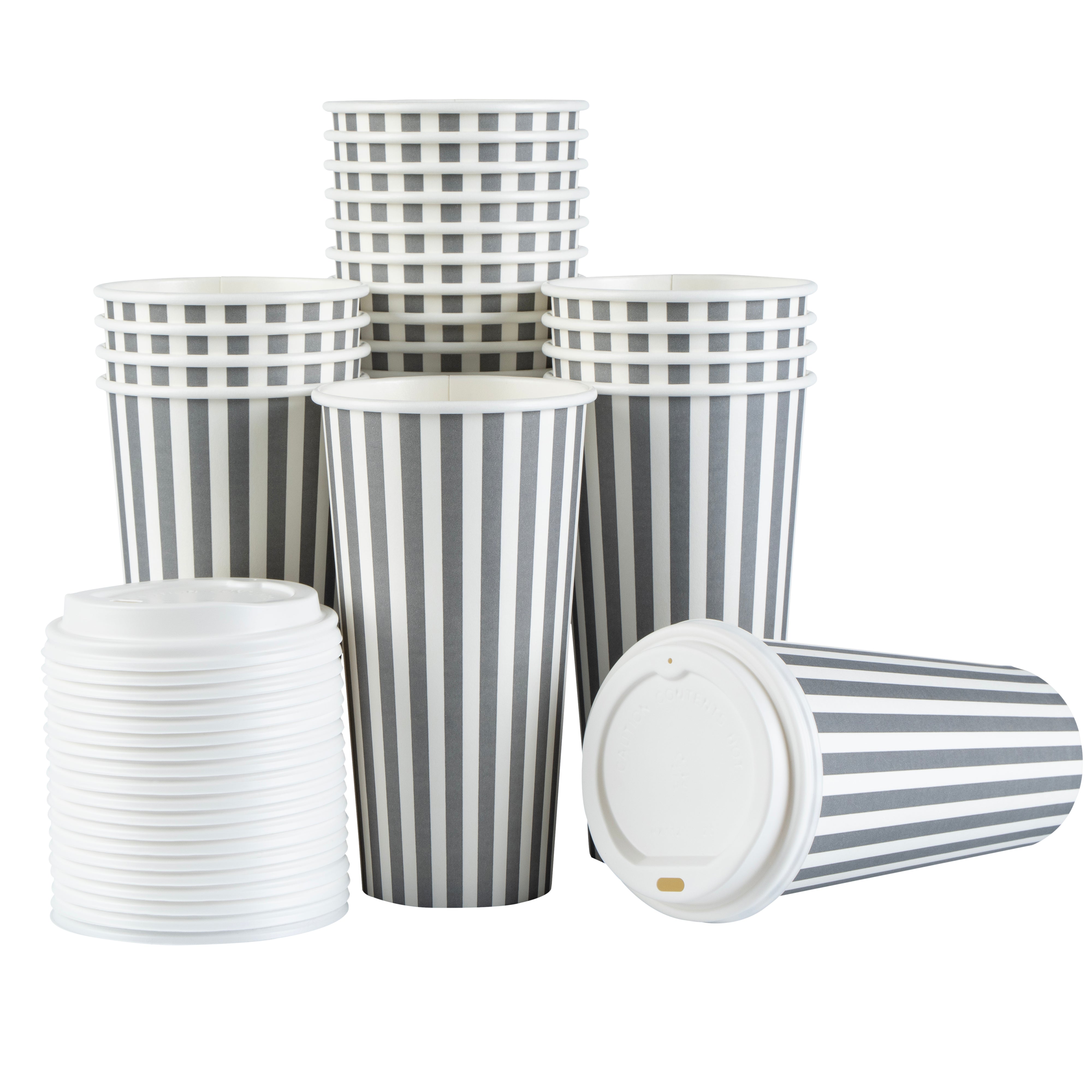 Restpresso 20 oz Gray and White Stripe Paper Single Wall Coffee Cup - with White Lid - 3 1/2"x 3 1/2"x 6 1/2" - 400 count box