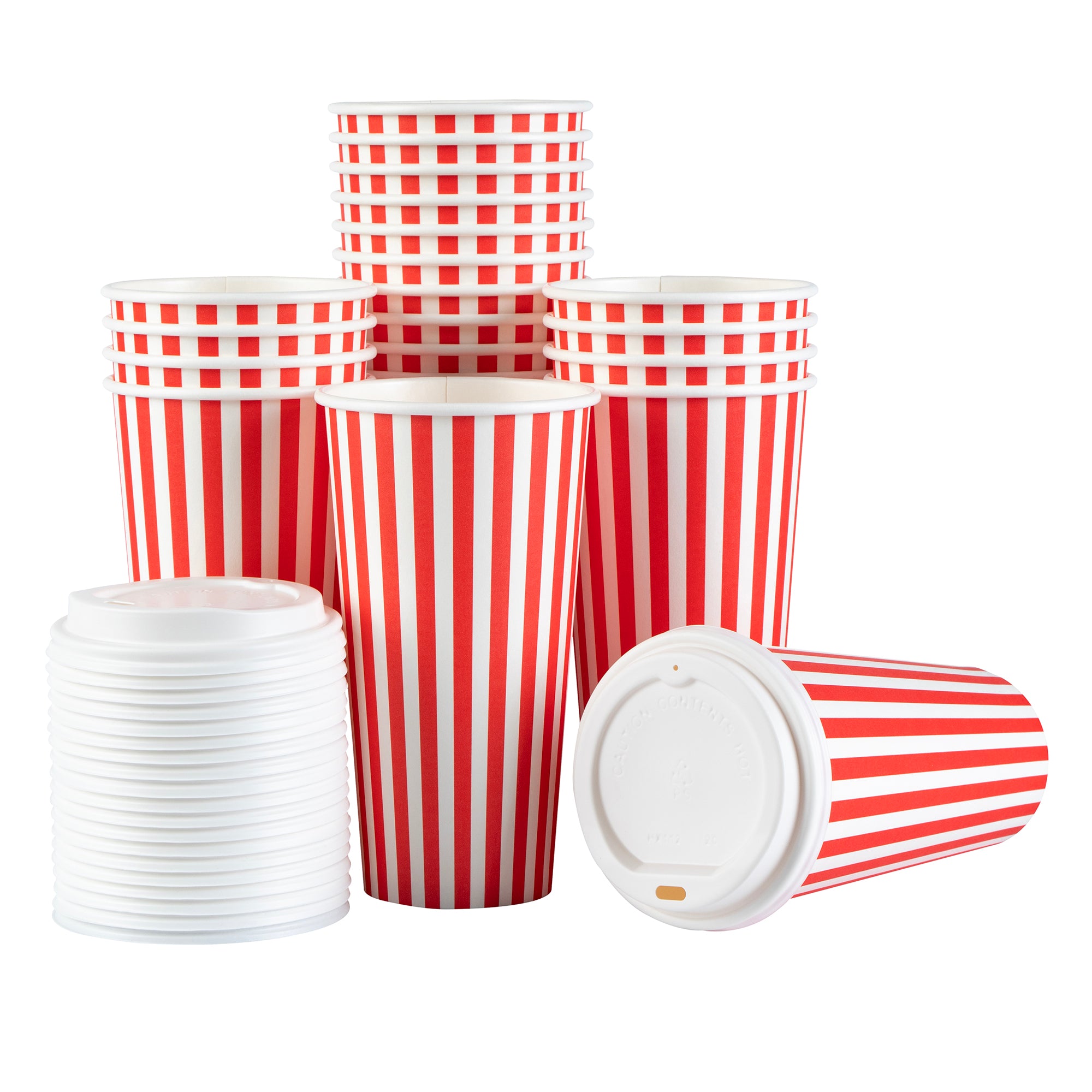 Restpresso 20 oz Red and White Stripe Paper Single Wall Coffee Cup - with White Lid - 3 1/2"x 3 1/2"x 6 1/2" - 400 count box