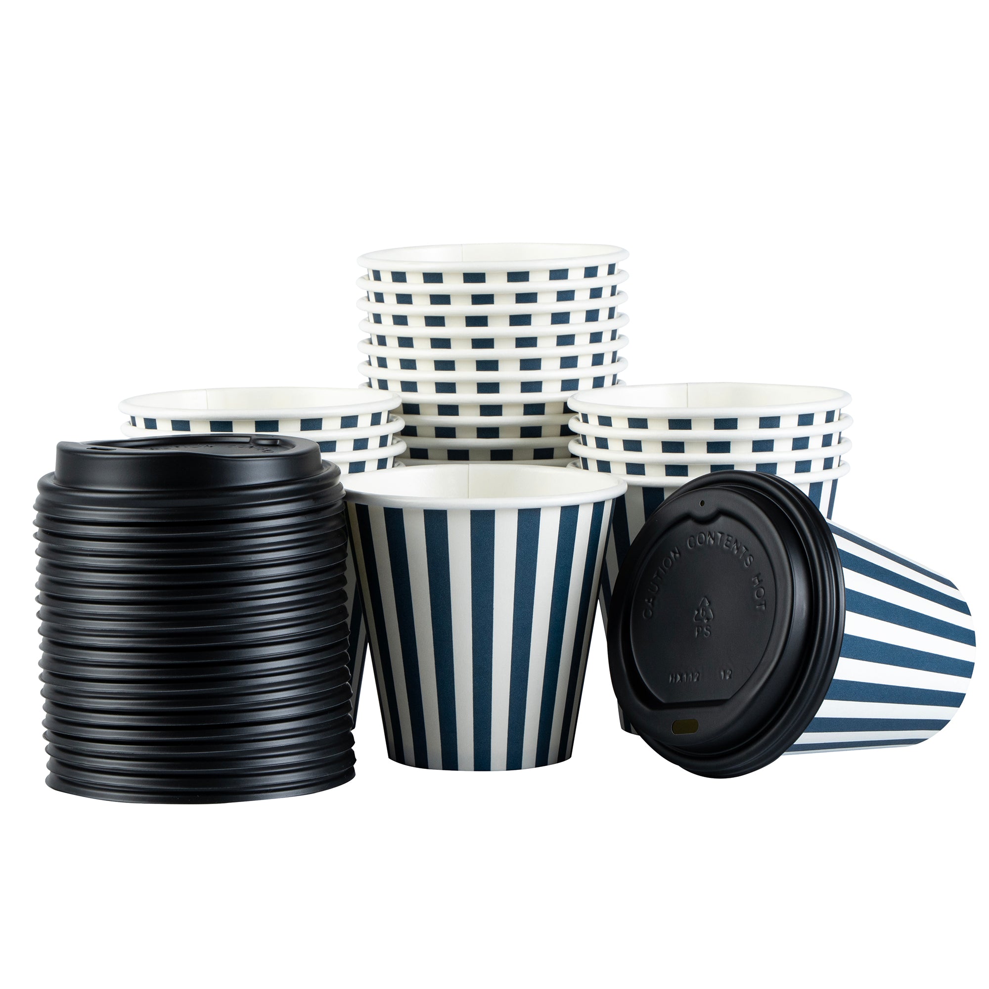 Restpresso 8 oz Blue and White Stripe Paper Single Wall Coffee Cup - with Black Lid - 3 1/2" x 3 1/2" x 3 1/4" - 400 count box