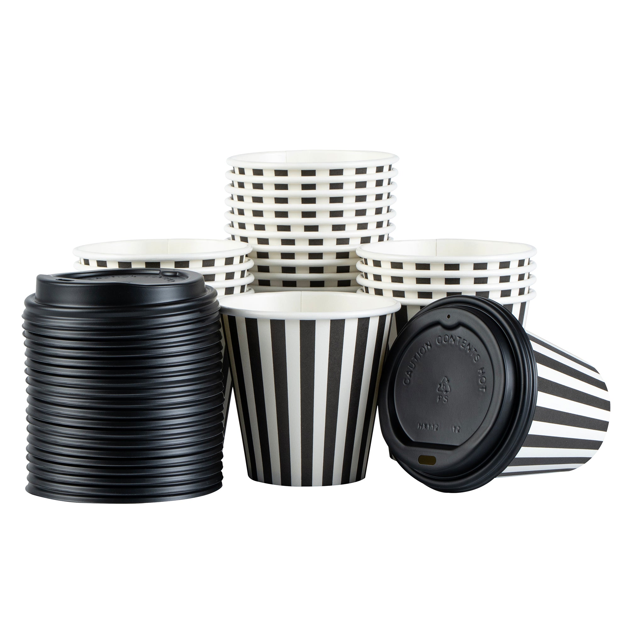 Restpresso 8 oz Black and White Stripe Paper Single Wall Coffee Cup - with Black Lid - 3 1/2" x 3 1/2" x 3 1/4" - 400 count box