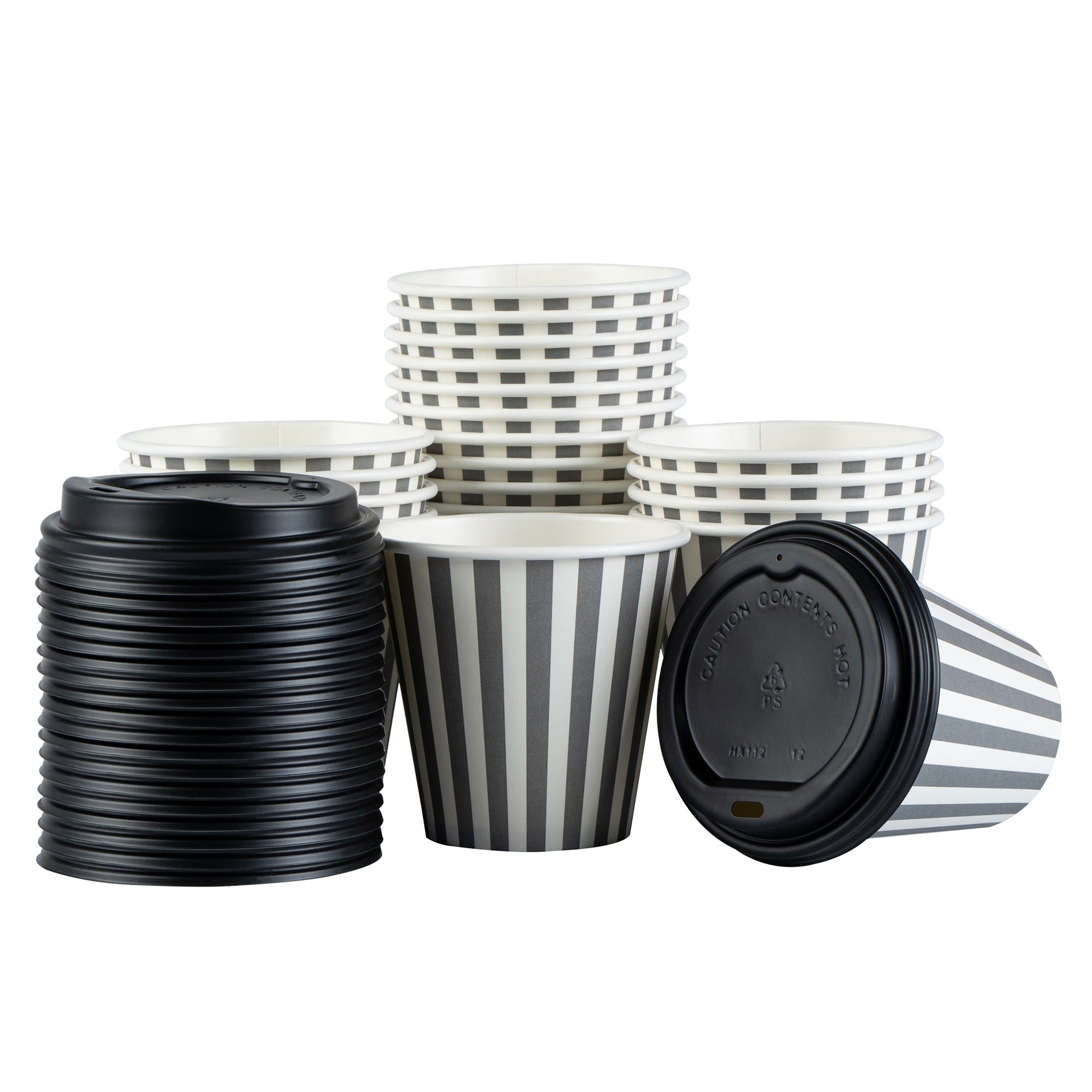 Restpresso 8 oz Gray and White Stripe Paper Single Wall Coffee Cup - with Black Lid - 3 1/2" x 3 1/2" x 3 1/4" - 400 count box