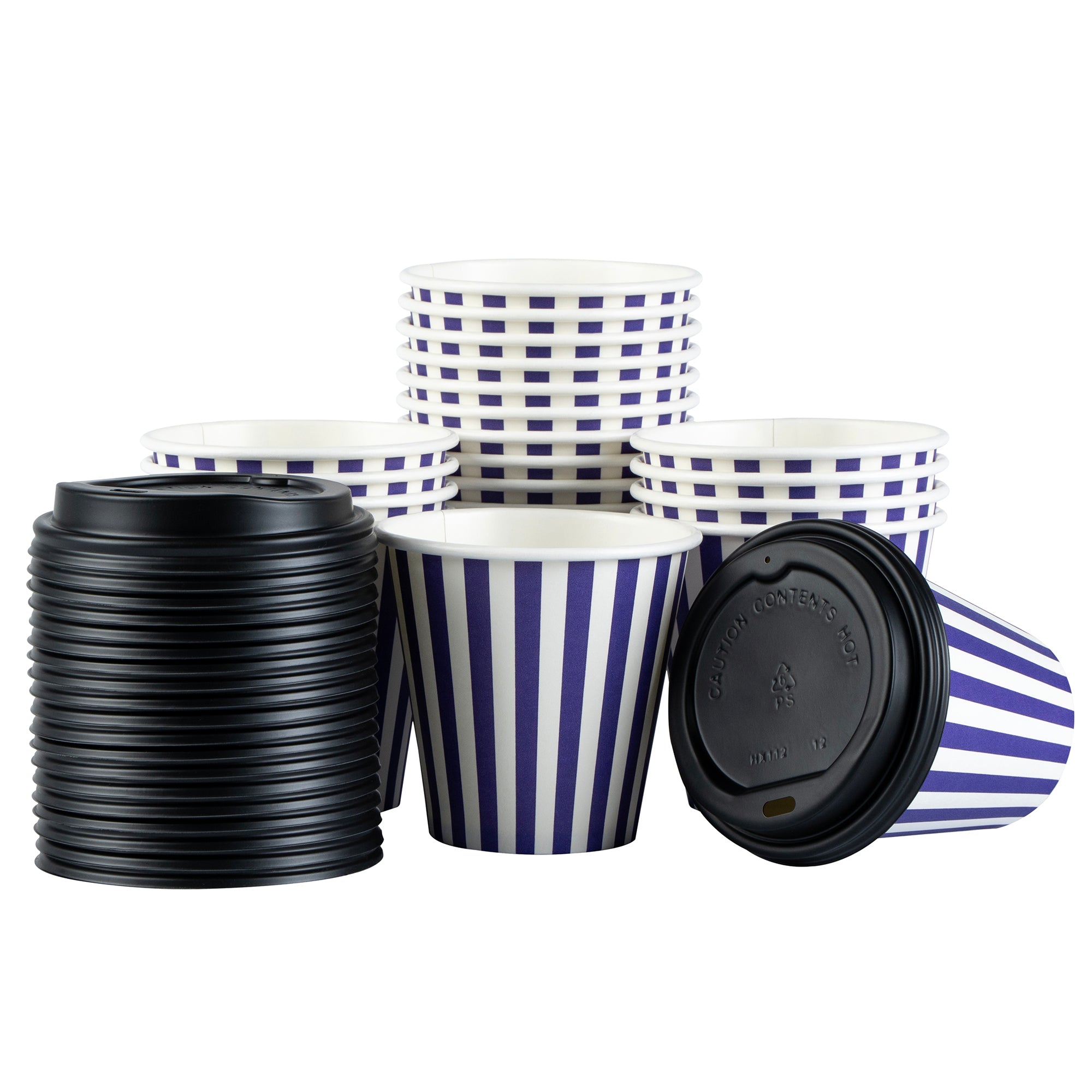 Restpresso 8 oz Purple and White Stripe Paper Single Wall Coffee Cup - with Black Lid - 3 1/2" x 3 1/2" x 3 1/4" - 400 count box